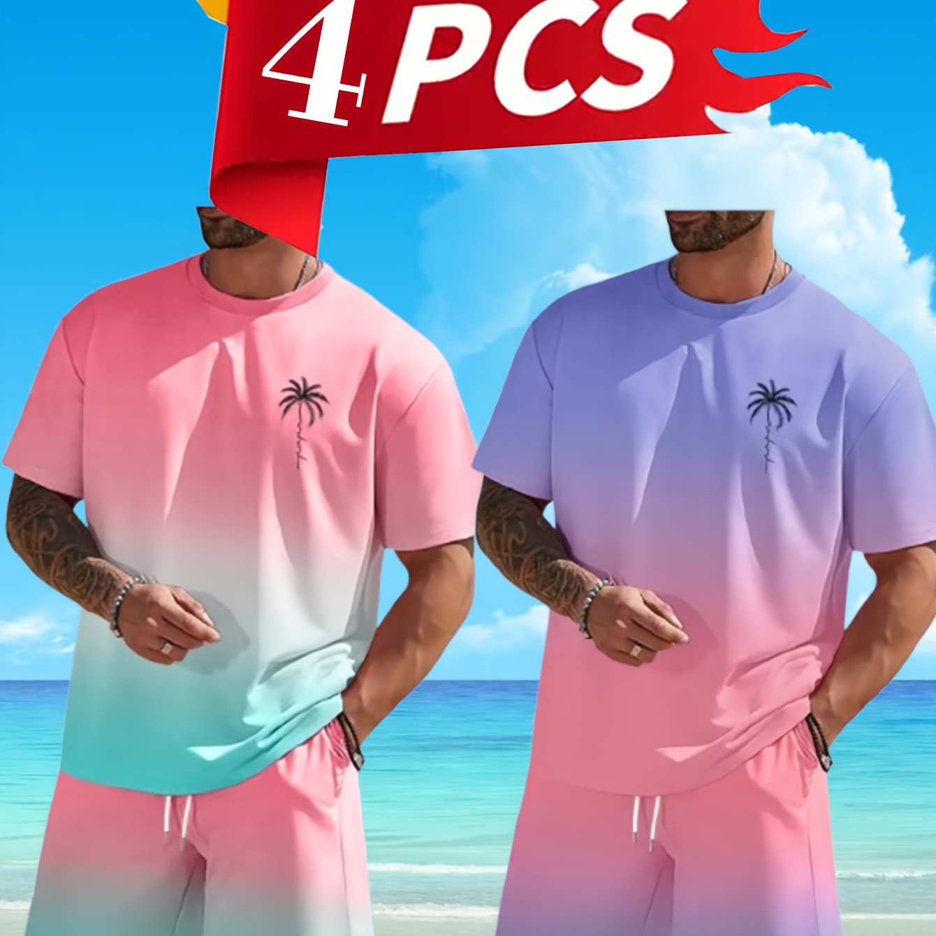 Men's Tropical Print Beachwear Quick Dry Trunks And Tees