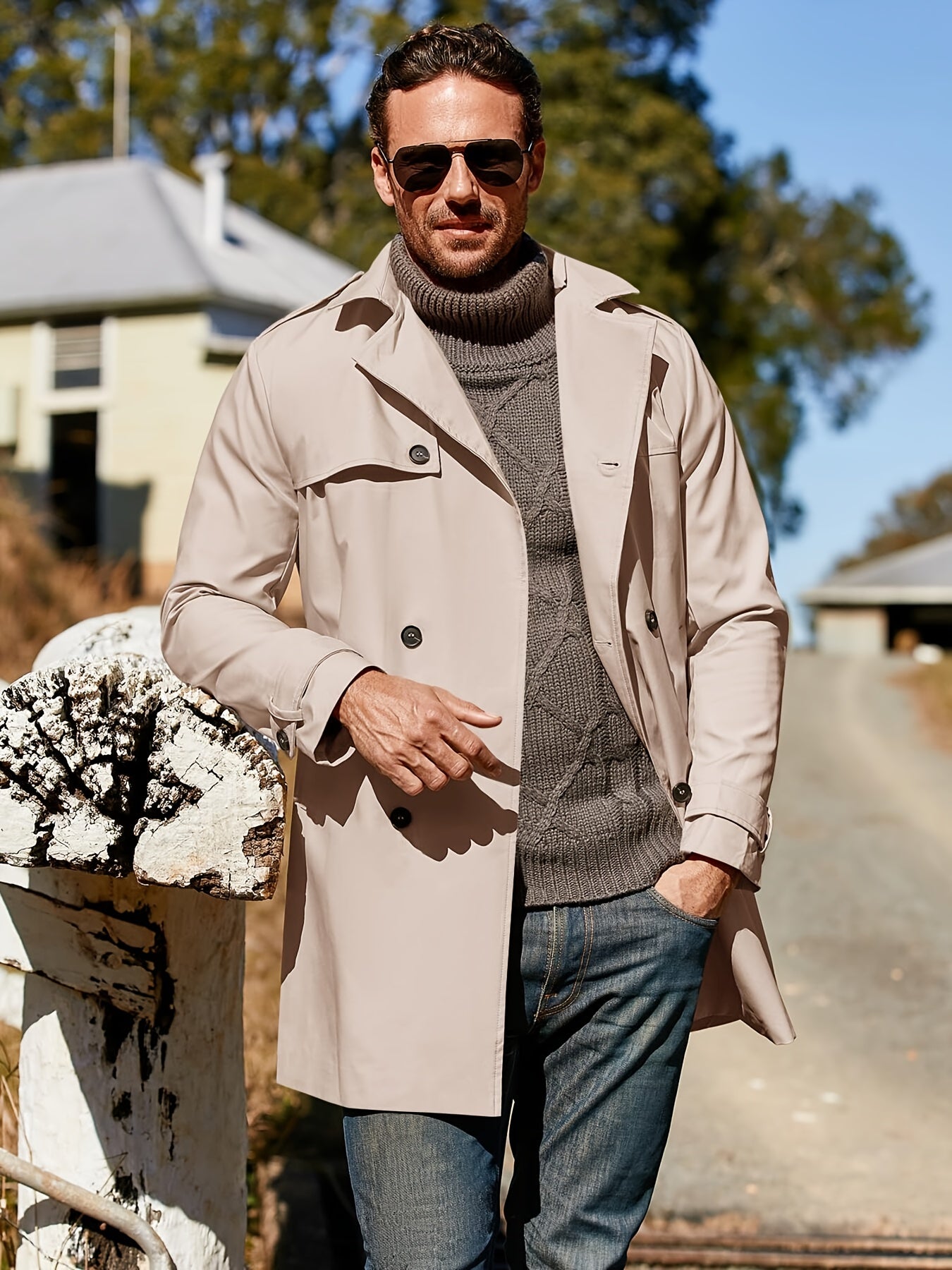 Mens Slim Fit Double Breasted Trench Coat Belted Waist