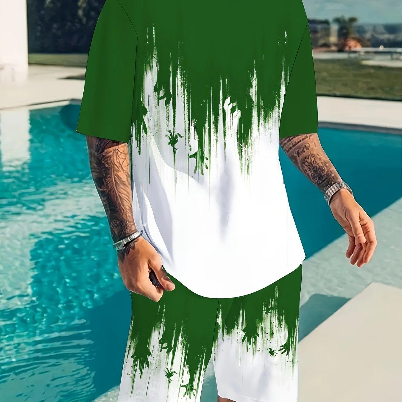 2 Piece Men's Casual T Shirt And Shorts Set Print Polyester
