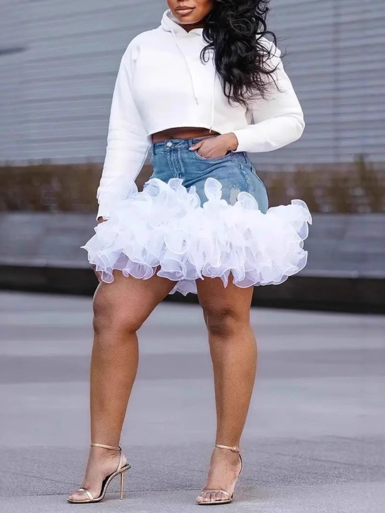 Denim And Tulle Wrap Skirt For Women Machine Washable