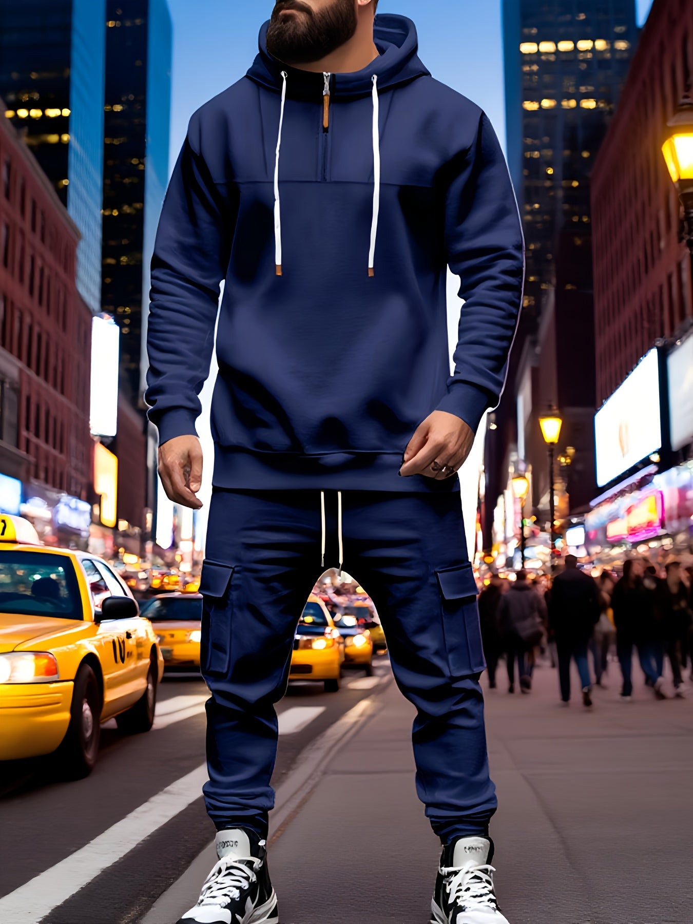 Mens Hooded Half Zip Sweatshirt Set With Cargo Joggers