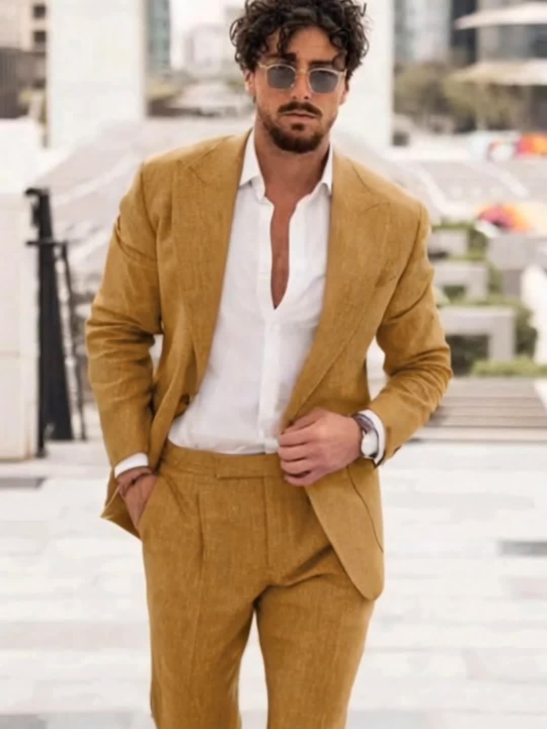 Naples Cotton Linen Men Suit Two Piece Slim Fit Tuxedo Set