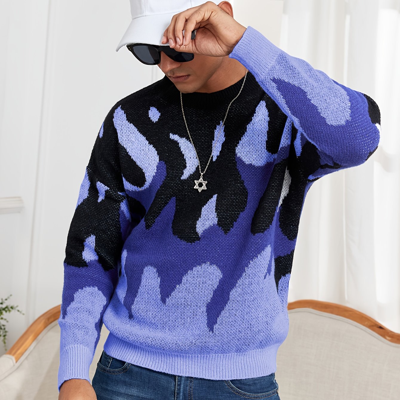 Oversized Crewneck Sweater Flame Graphic Knit For Men Women