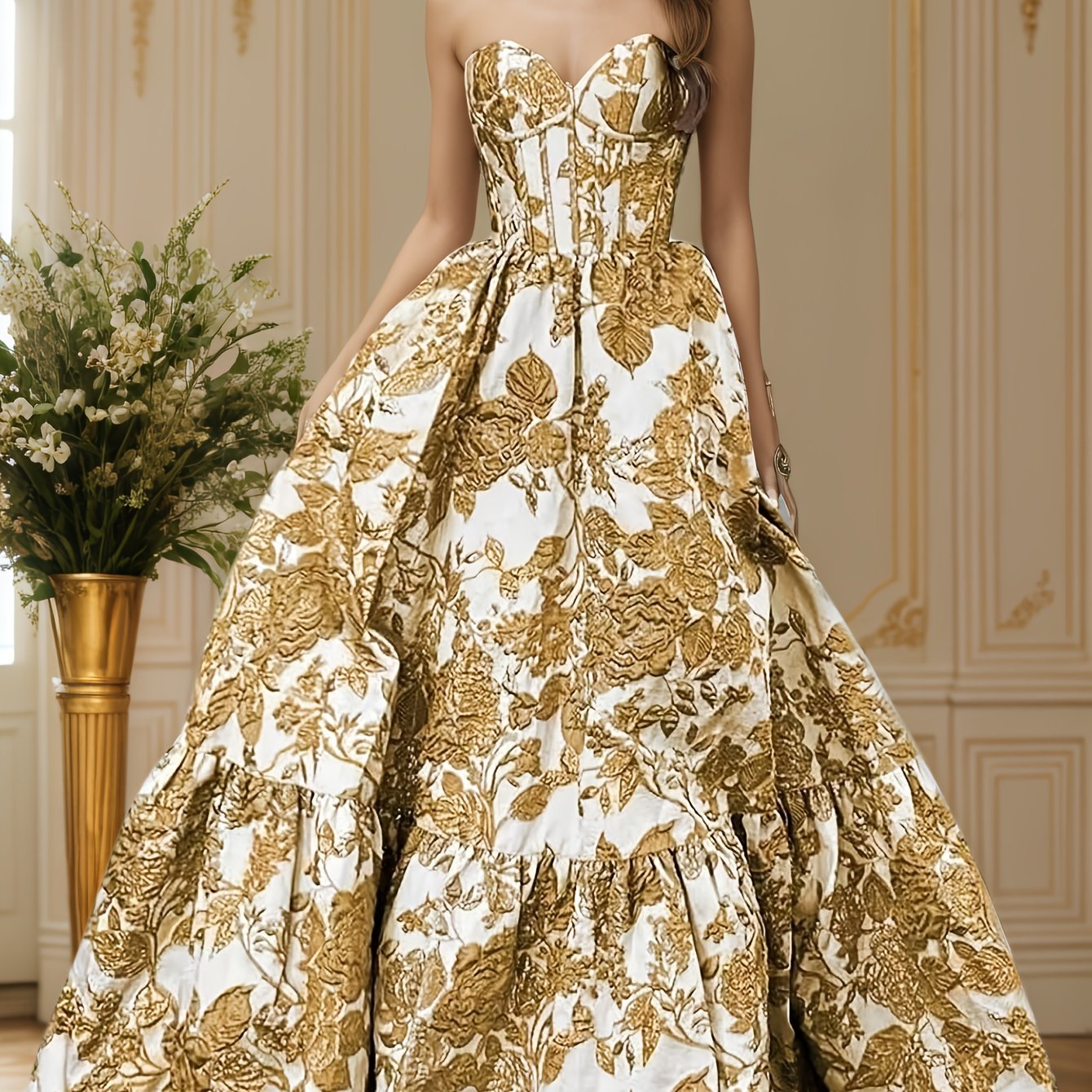 Floral Jacquard Satin Prom Dress Strapless Corset Back