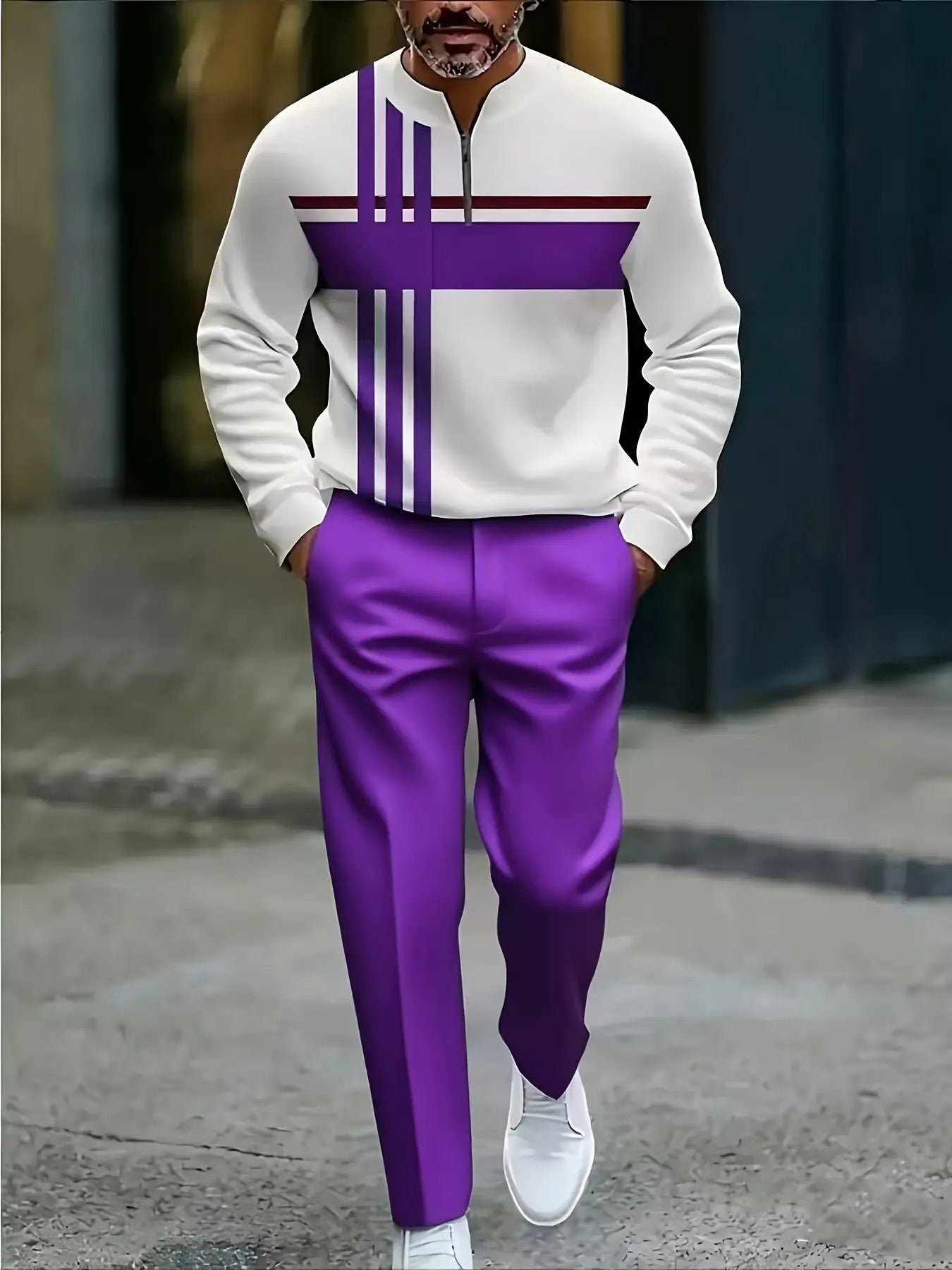 Men's Long Sleeve Tracksuit Set With Bold Contrast Stripes