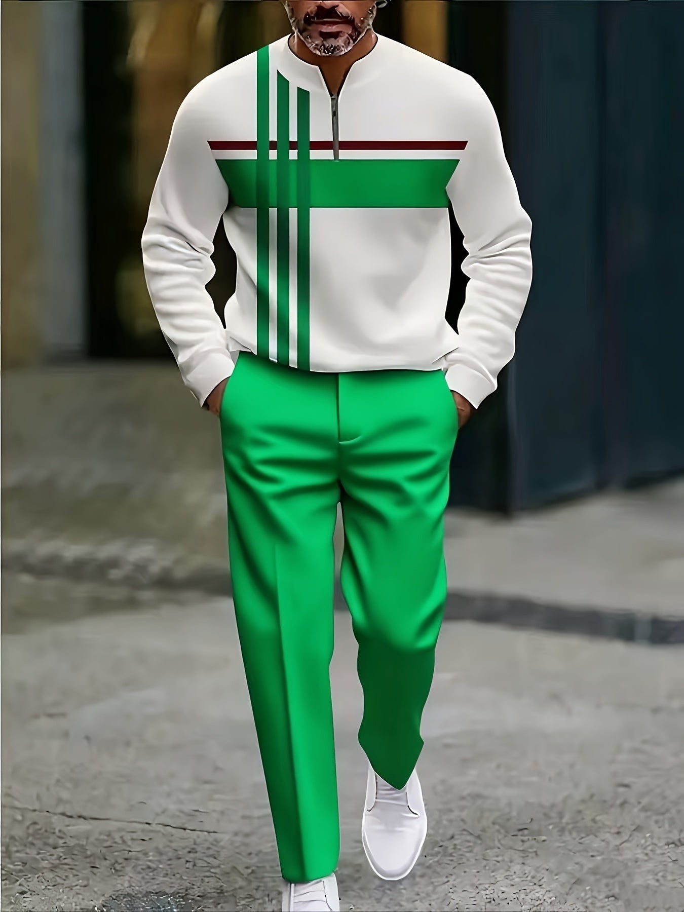Men's Long Sleeve Tracksuit Set With Bold Contrast Stripes