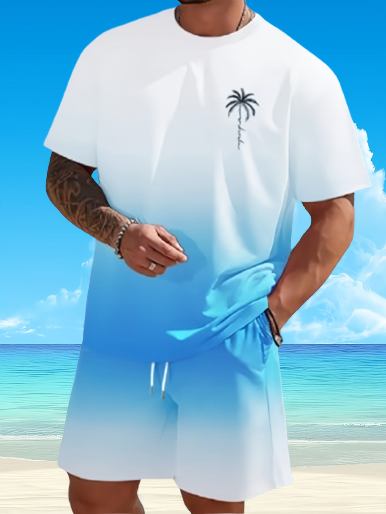 Men's Tropical Print Beachwear Quick Dry Trunks And Tees