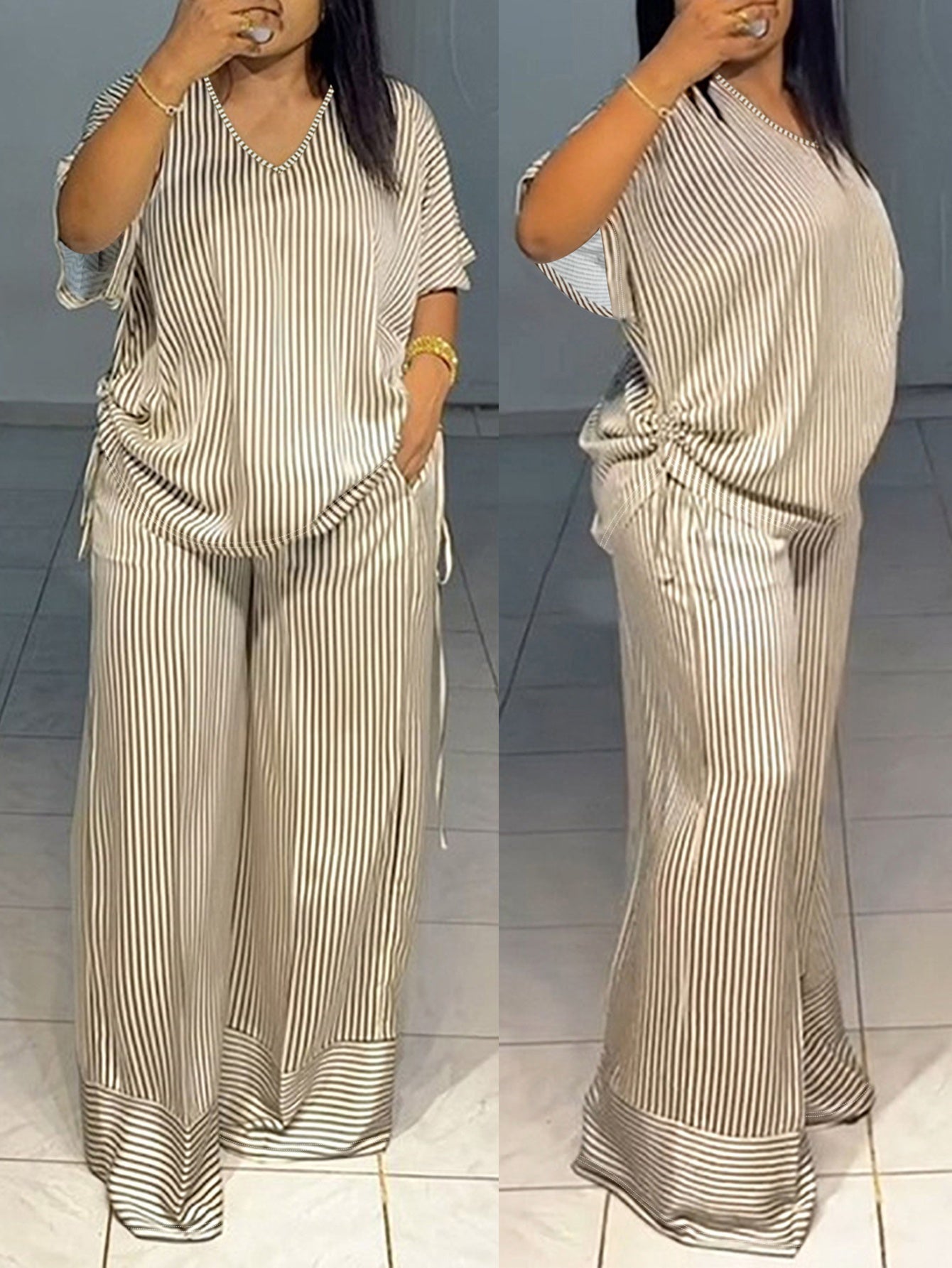 LAFOLIE Casual Striped Polyester Two Piece Set With Pockets