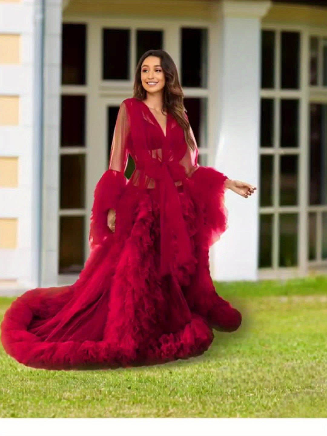 Elegant Puffy Gauze Gown Women Maternity Kimono Dress Sheer