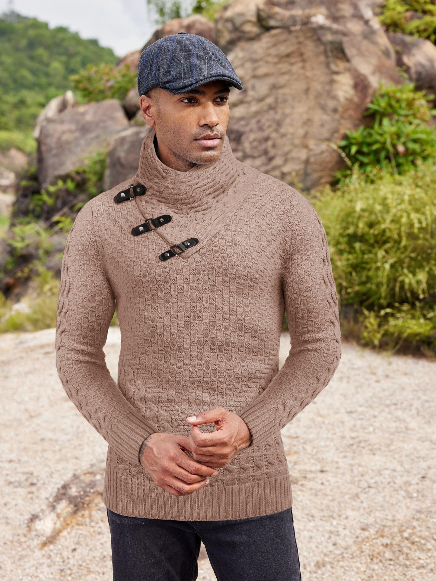 ELESOL Mens Knitted Turtleneck Sweater Slim Fit Pullover