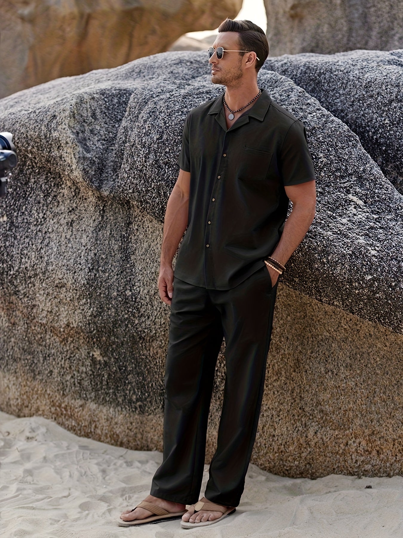 Men Linen Beach Button Shirt And Linen Pants Set Casual 2pc