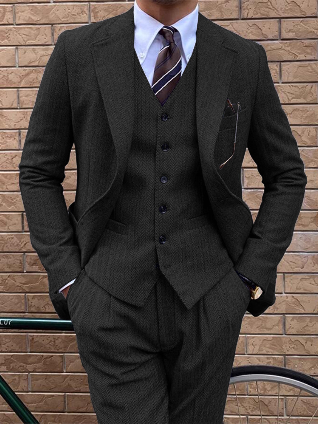 Men's Wool Blend Tweed Suit Herringbone Formal Wedding Event