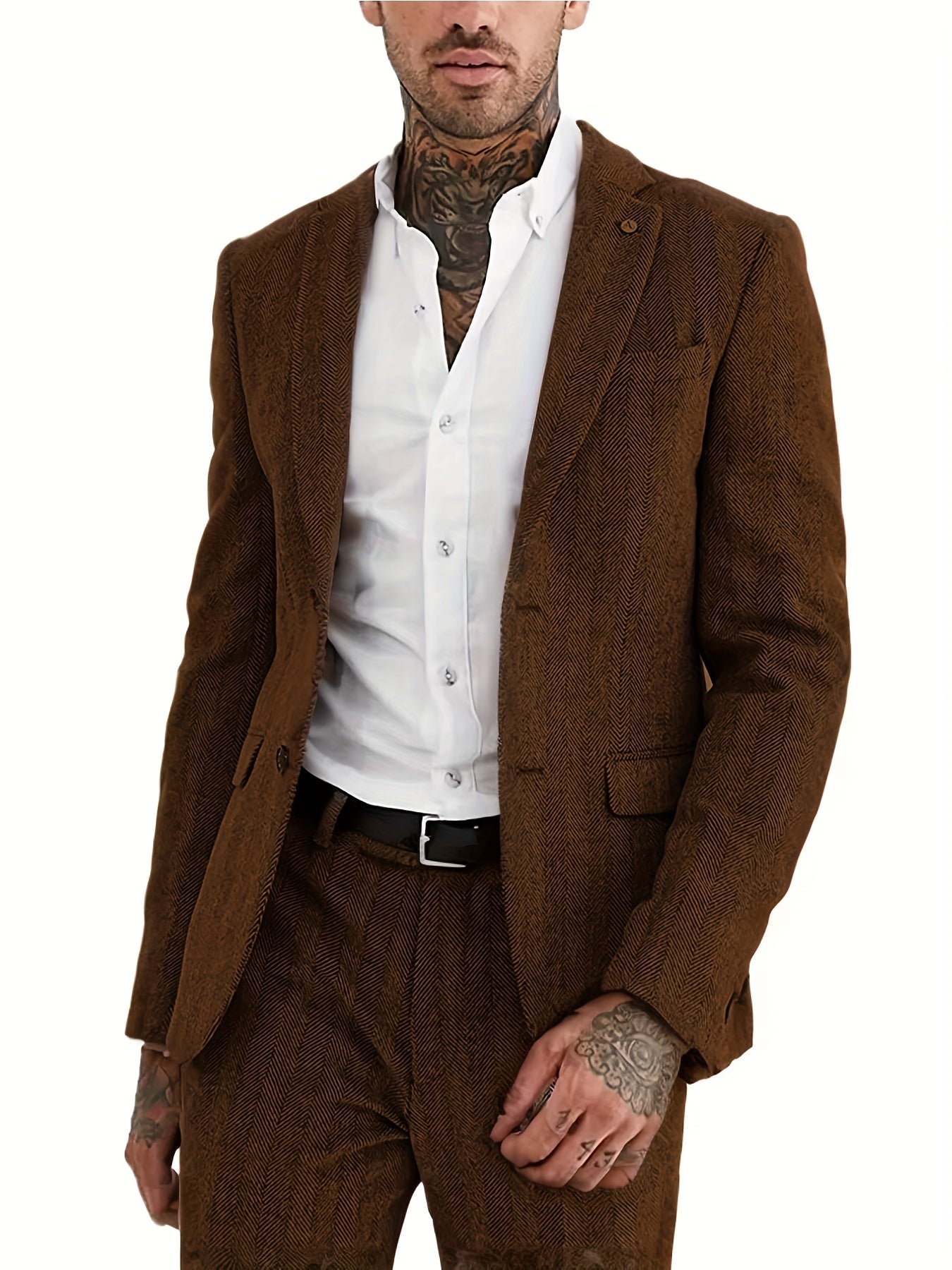 Men's Wool Blend Tweed Suit Herringbone Formal Wedding Event