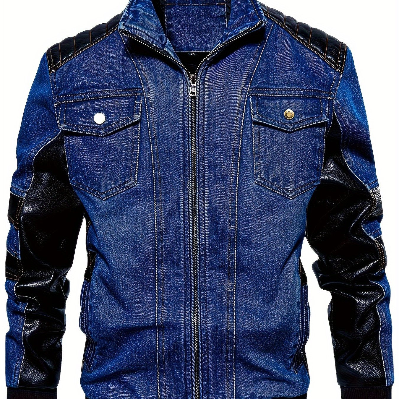 MSOPCCACollar Patchwork Denim Faux Leather Moto Jacket