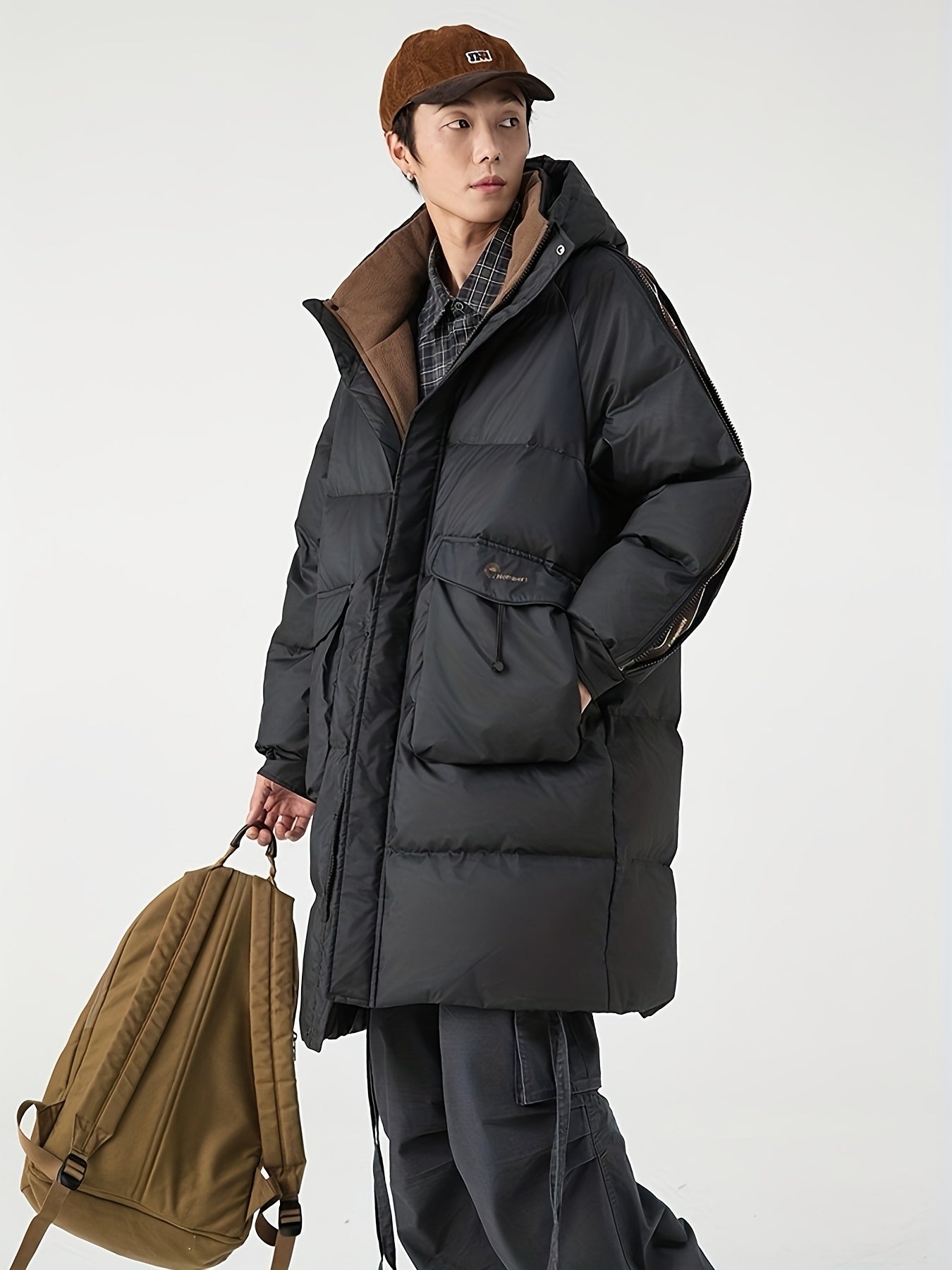 Mens Long Hooded Winter Coat Parka With Zippered Stripes