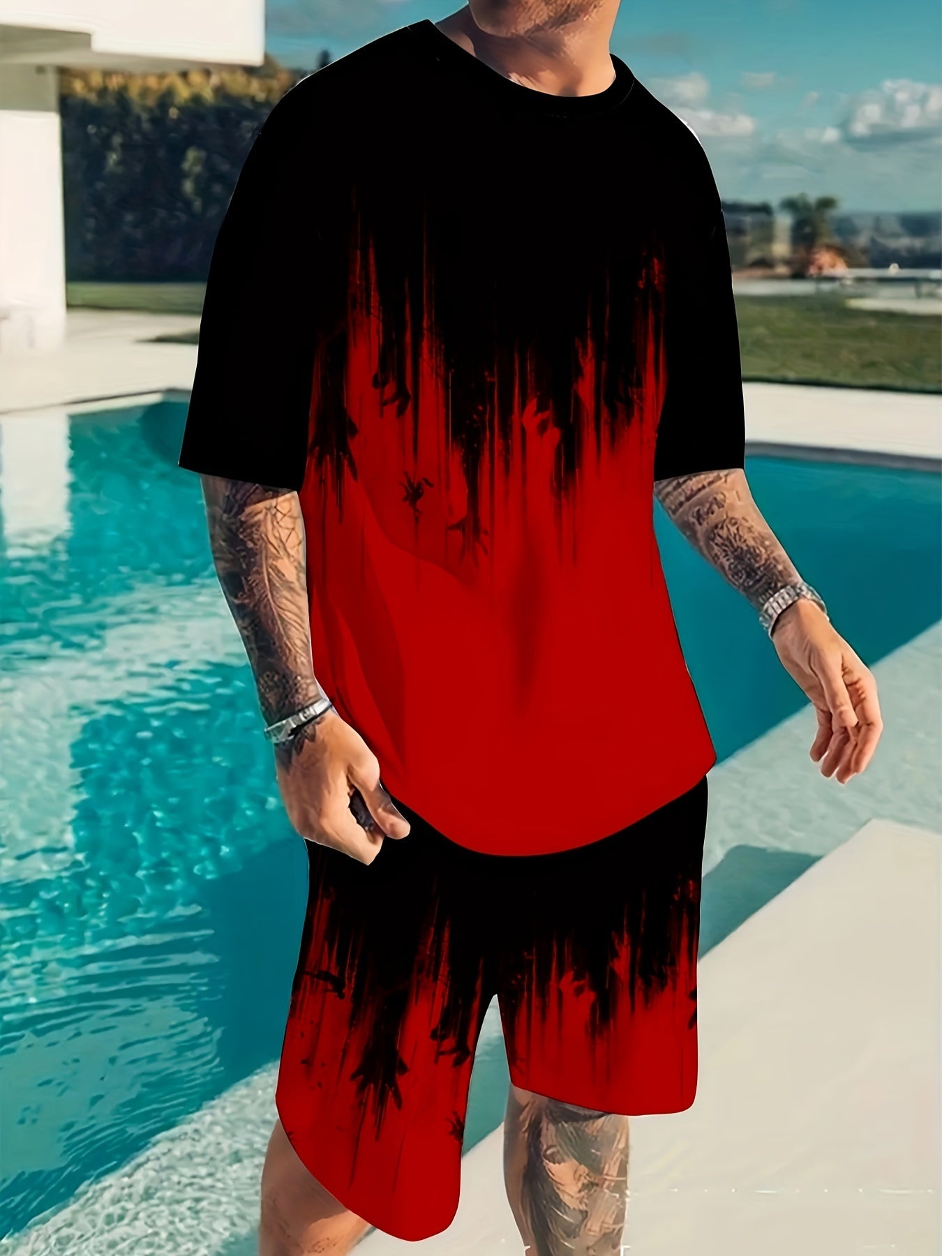 2 Piece Men's Casual T Shirt And Shorts Set Print Polyester
