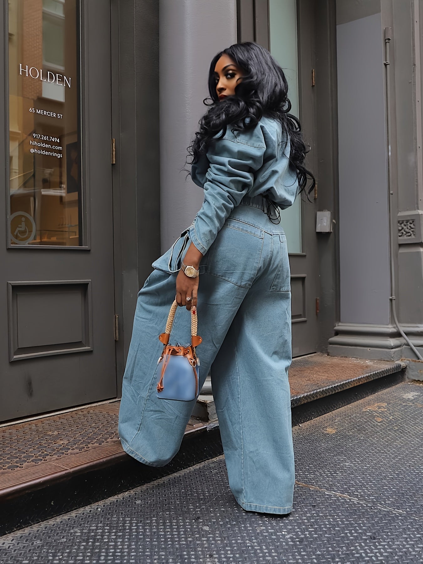 Denim 2-Piece Zip-Up Long Sleeve Crop Top Wide-Leg Pants