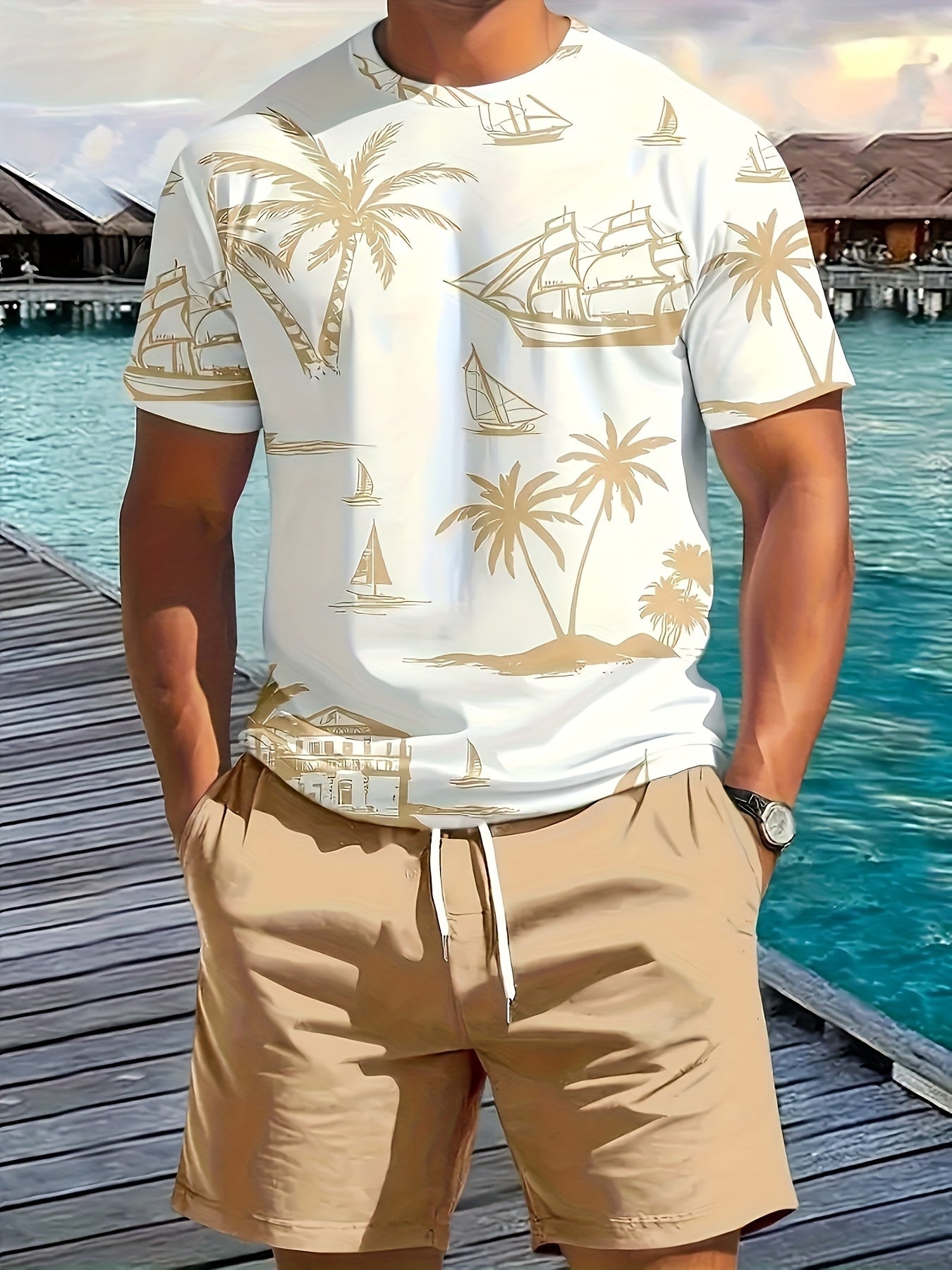 Mens Tropical Palm Nautical Print Tee And Shorts Set