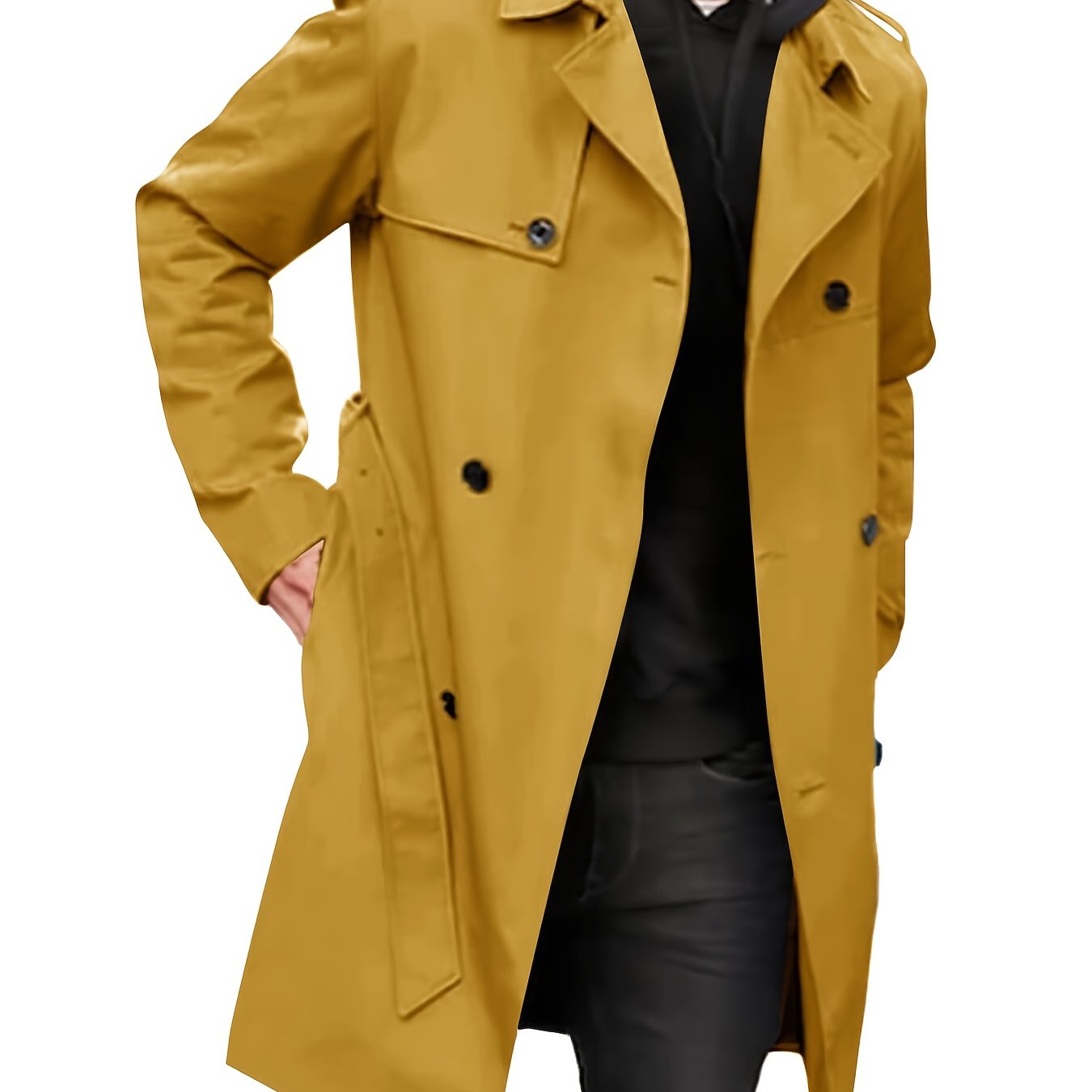 Mens Slim Fit Double Breasted Trench Coat Belted Waist