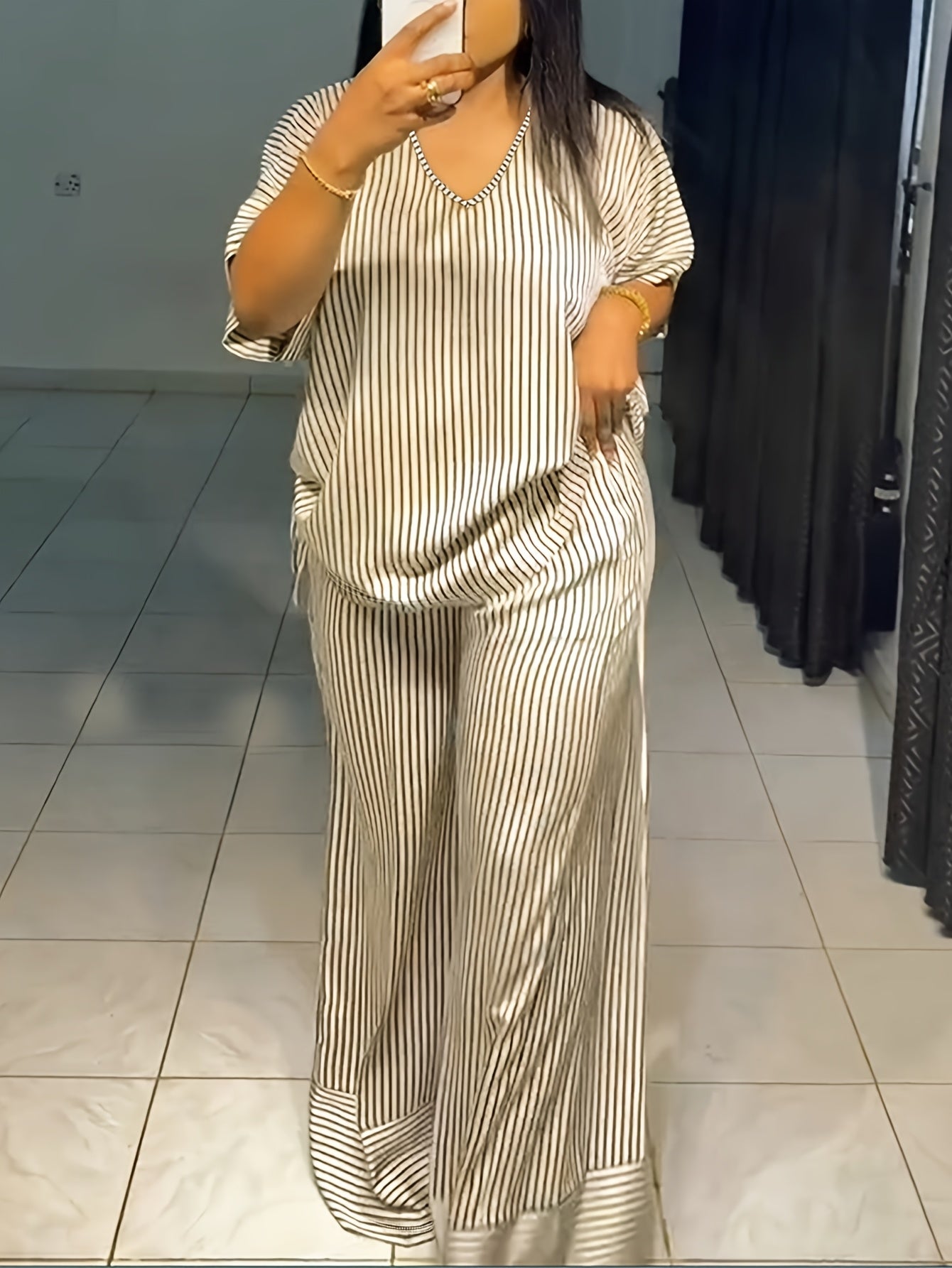 LAFOLIE Casual Striped Polyester Two Piece Set With Pockets