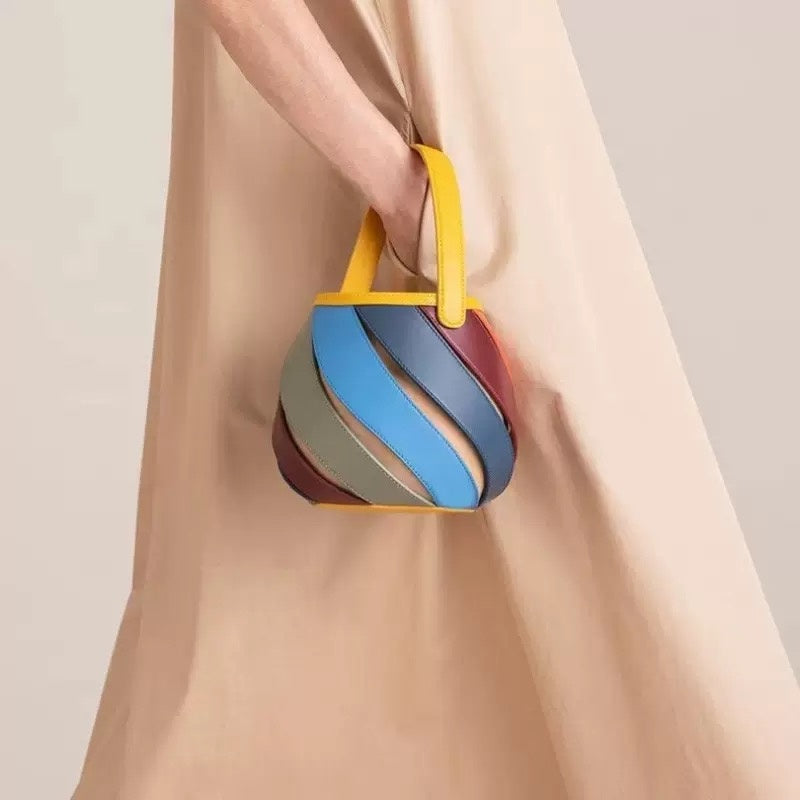 Genuine Leather Rainbow Color-Block Bucket Bag by Unknown Brand