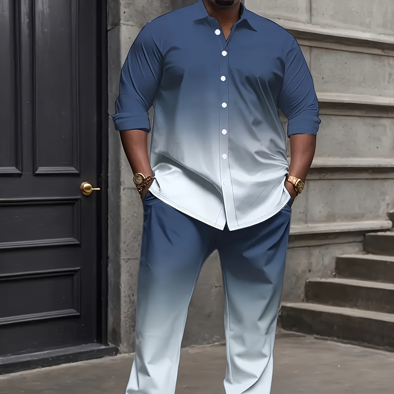 Men's 2pc Tracksuit Set Gradient Long Sleeve Shirt Pants