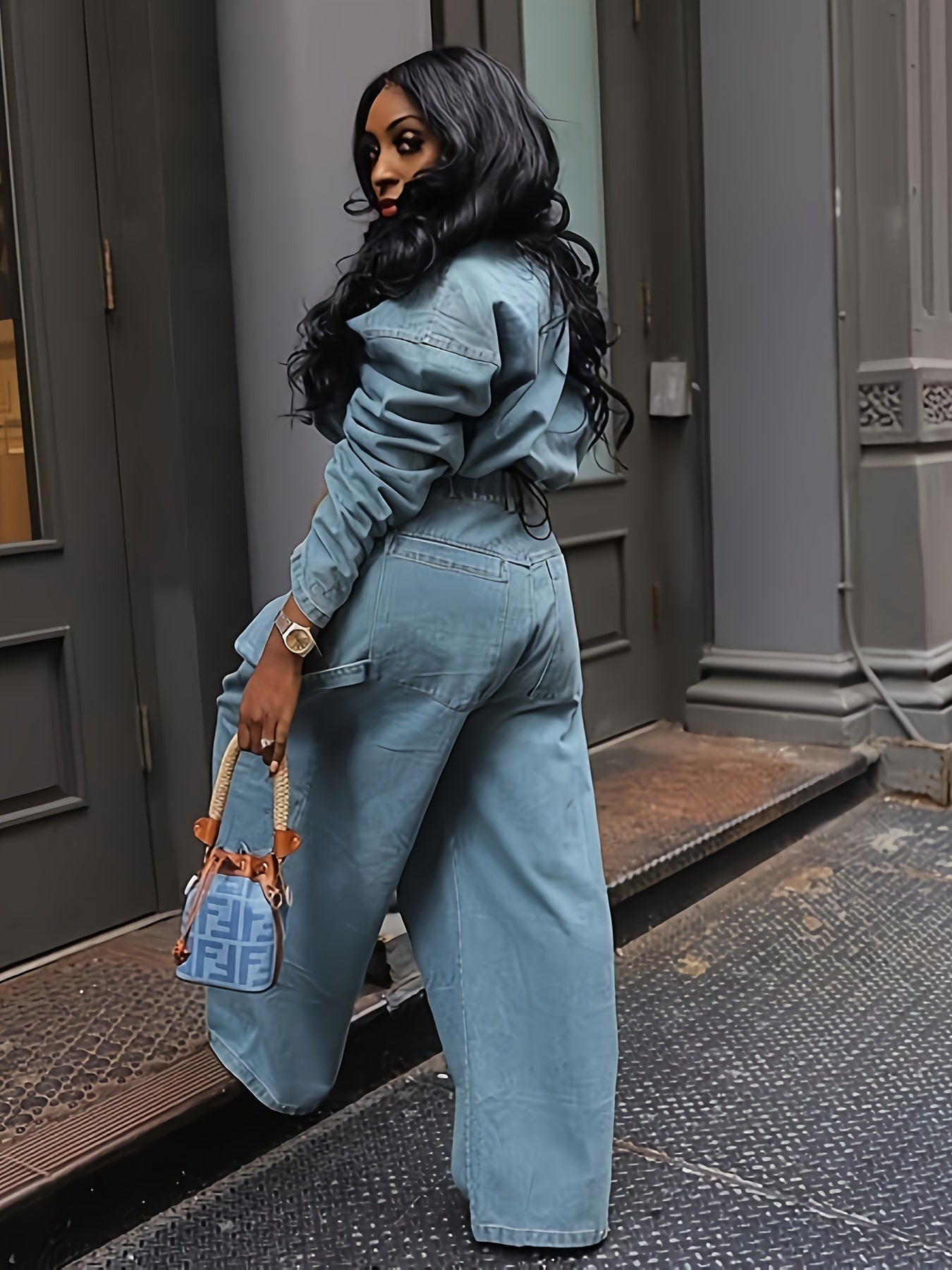 Women's Denim Set Jacket And Wide Leg Pants Polyester