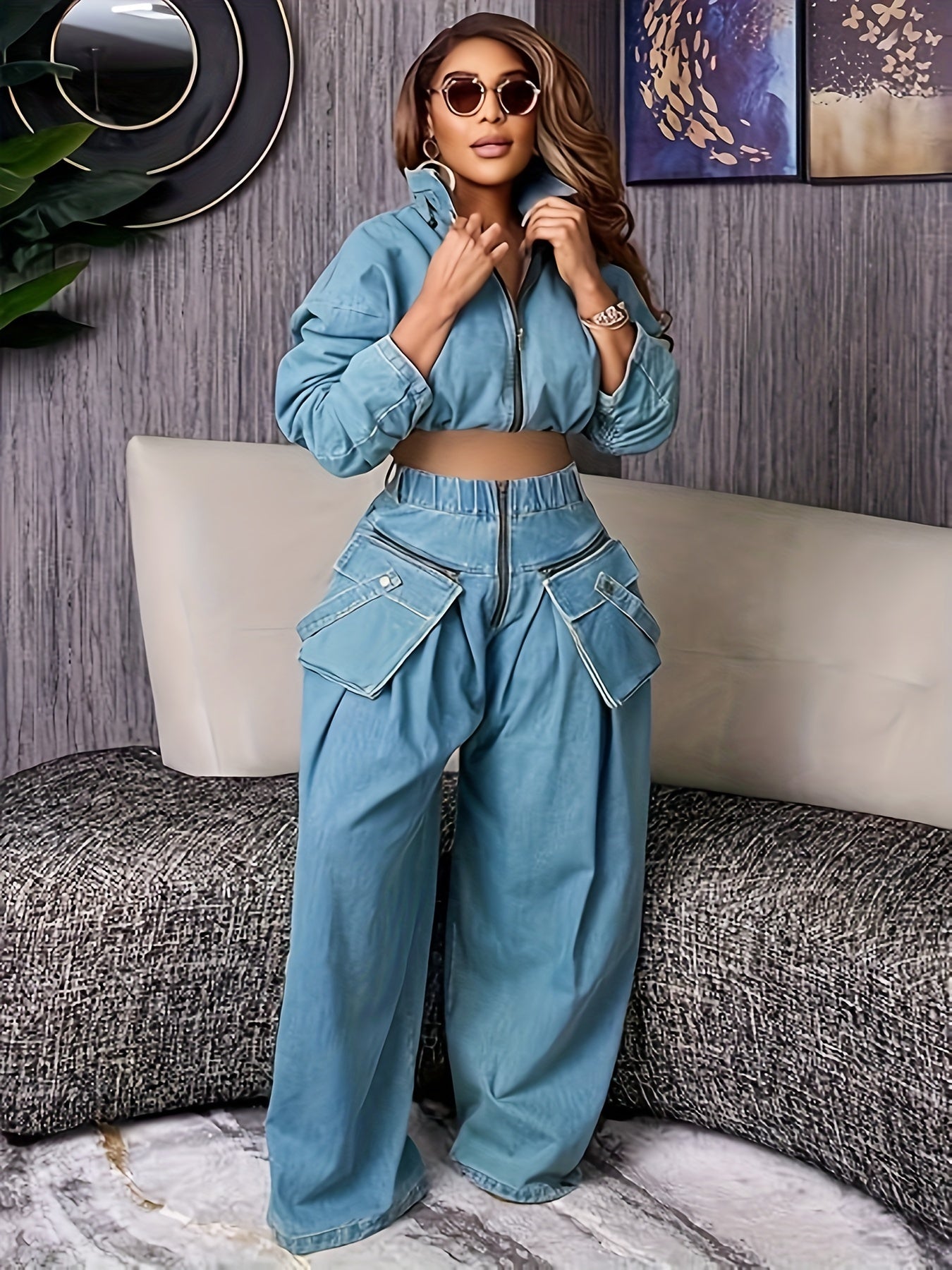 Women's Denim Set Jacket And Wide Leg Pants Polyester