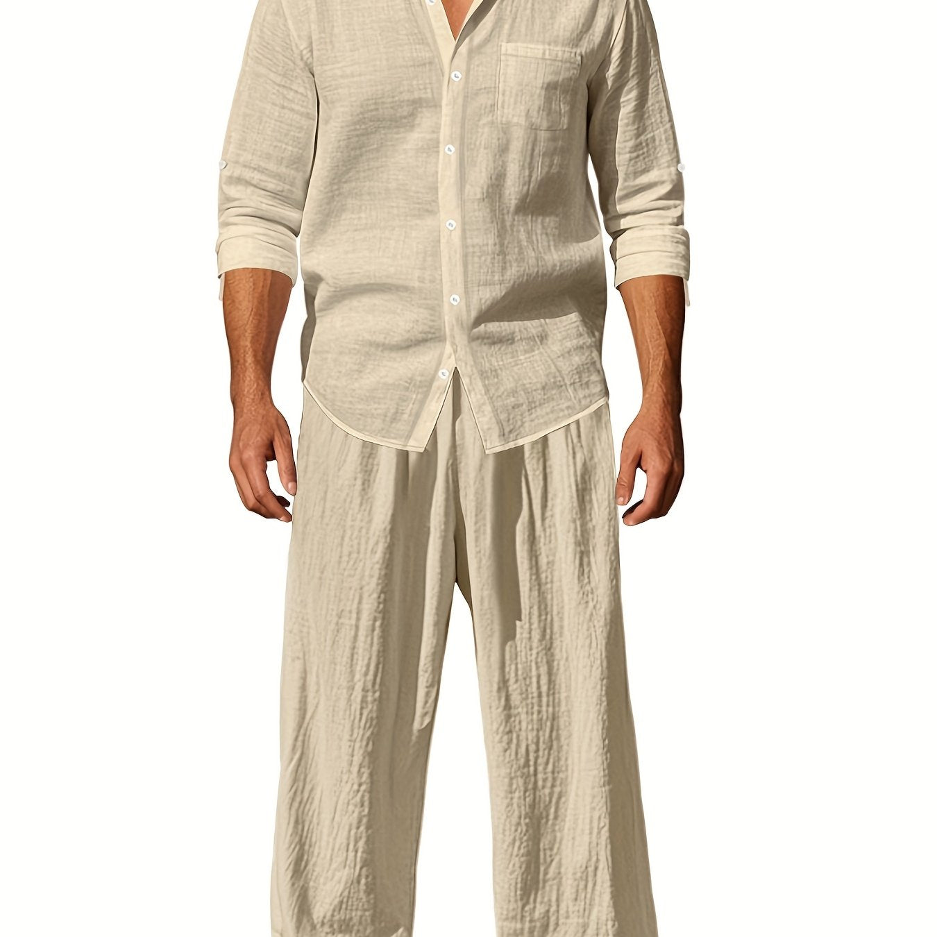 Mens Breathable Linen Suit Set Two Piece Office Wear