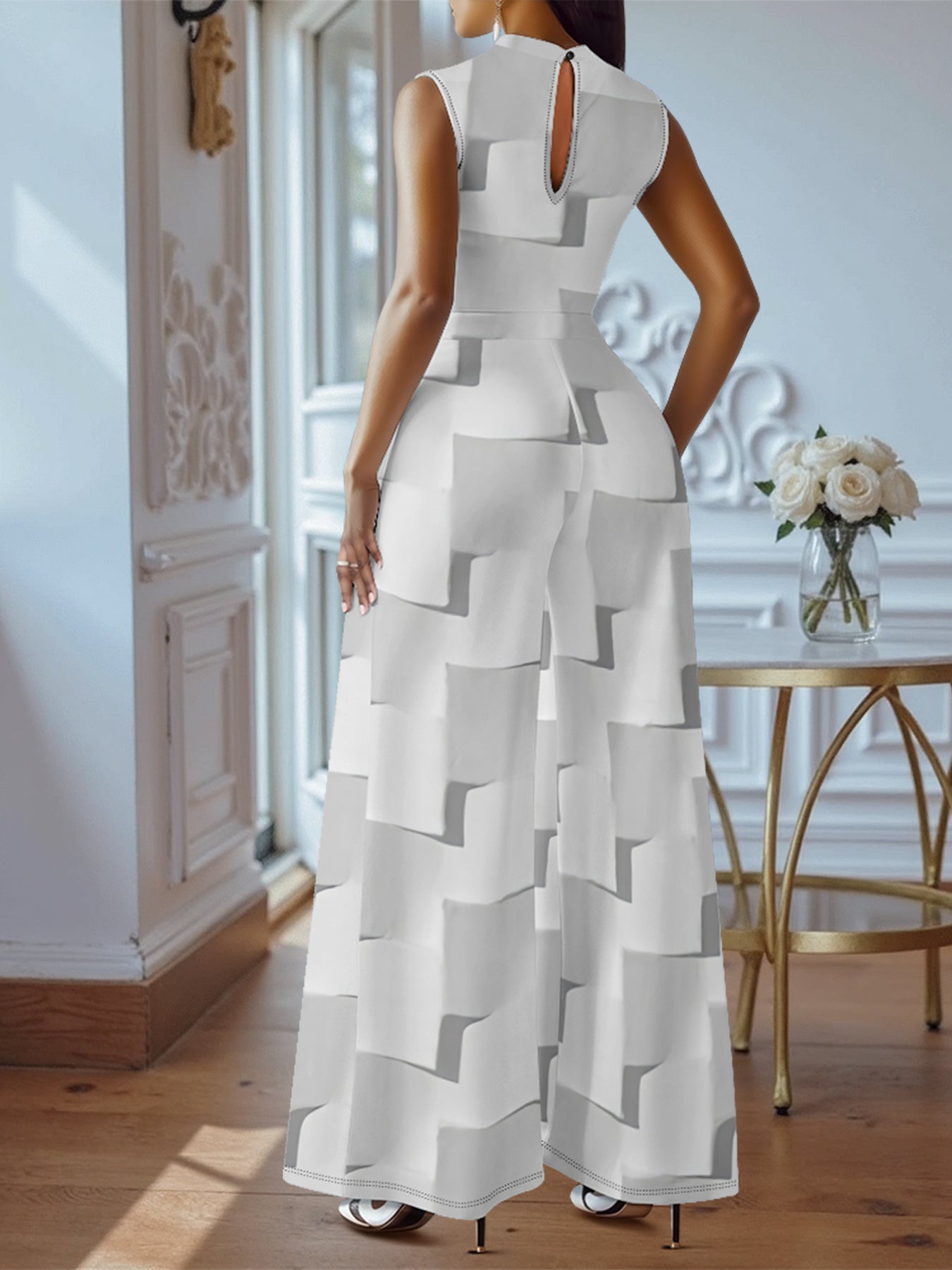 Geometric Print Sleeveless Jumpsuit With Waist Cinch Design