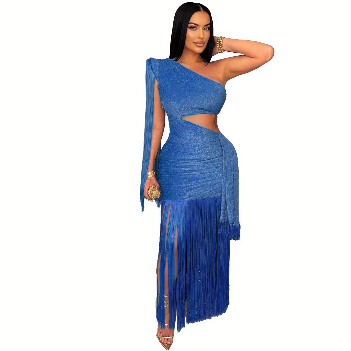European American Style Asymmetrical Tassel Evening Dress