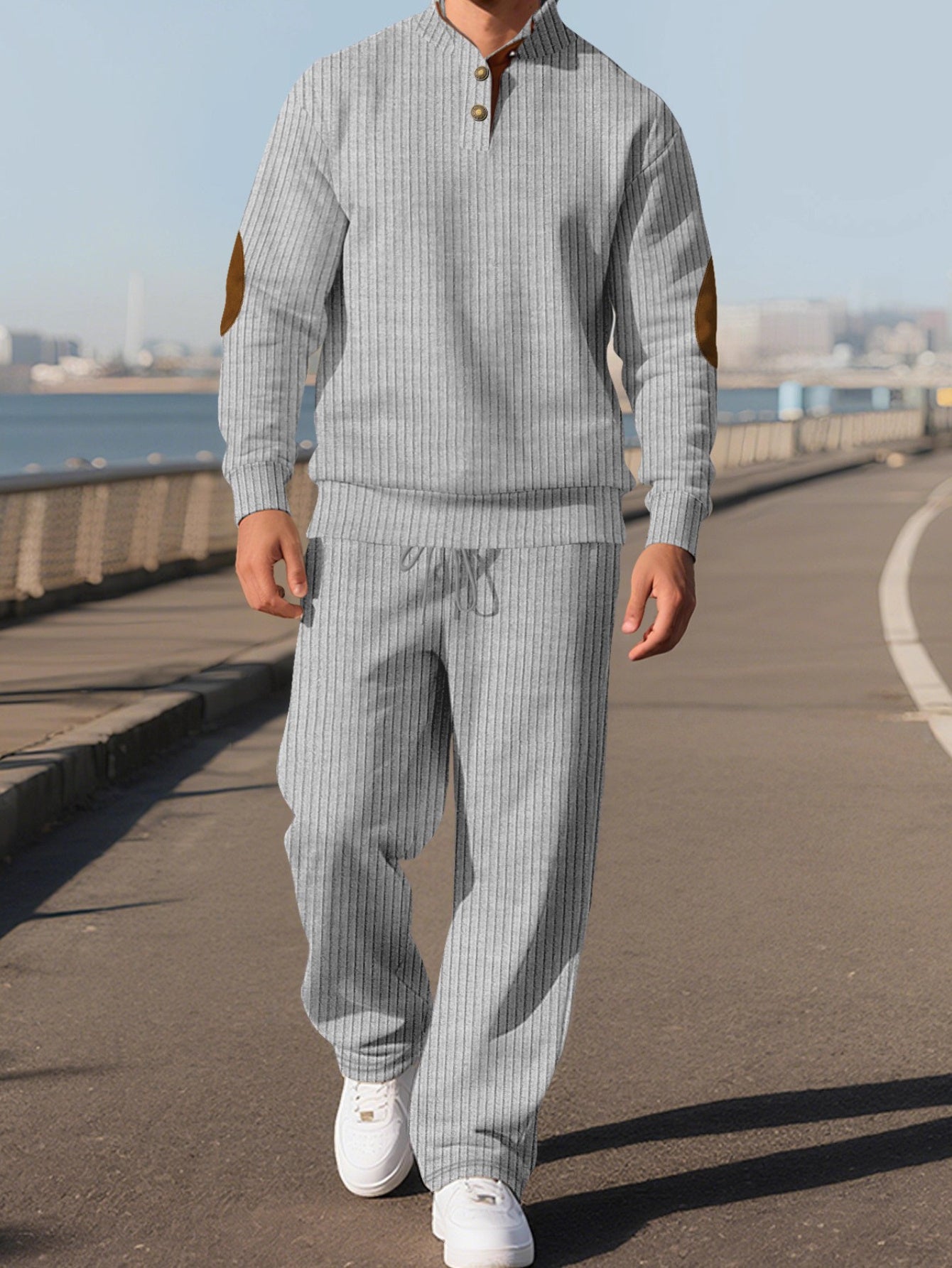 Men's Two Piece Casual Suit Stand Collar Jacquard Knit Set