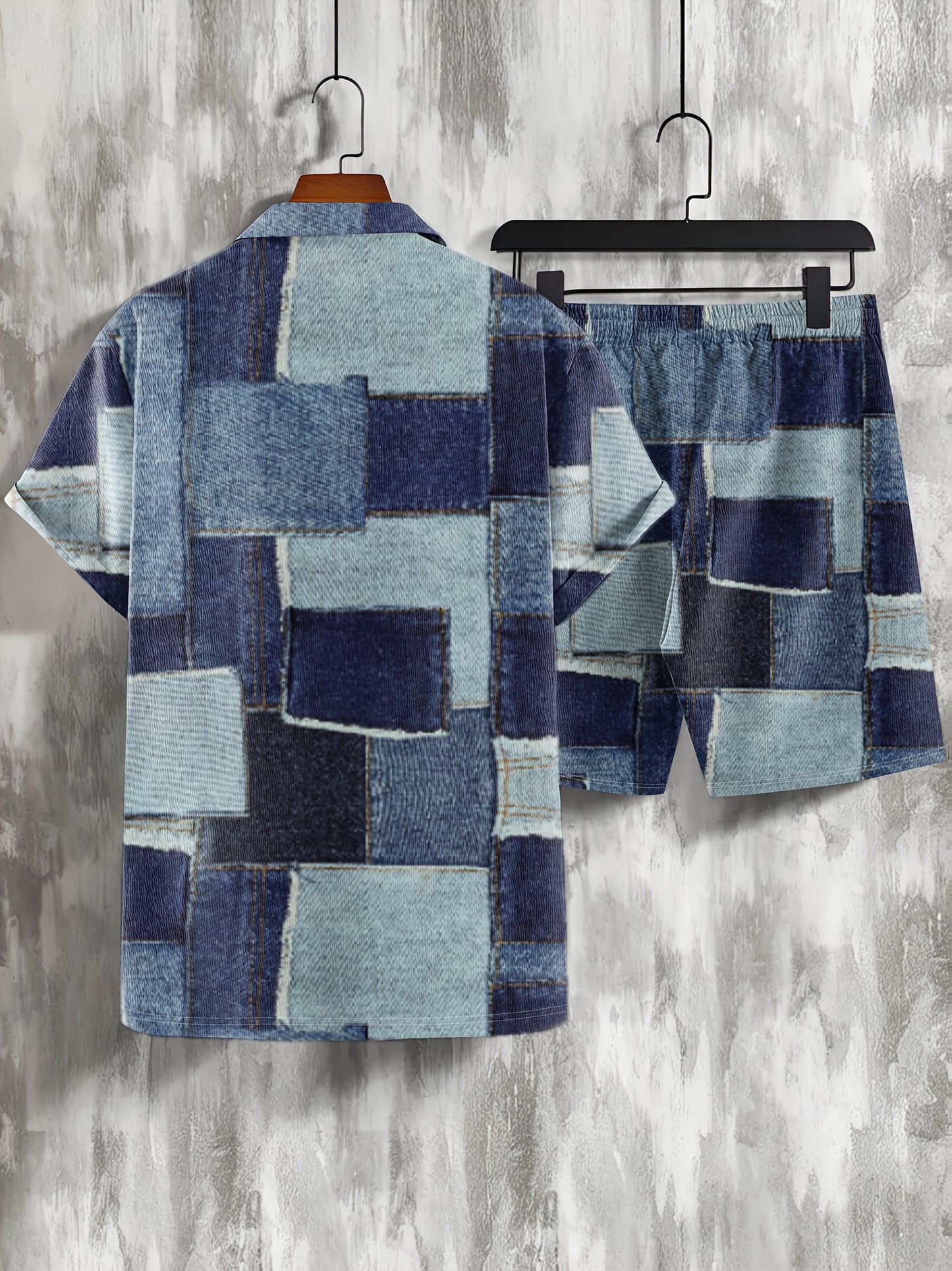 Casual Summer Shirt And Shorts Set For Men Faux Denim