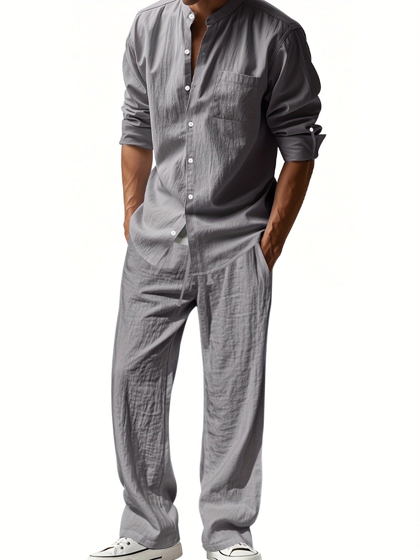 Mens Breathable Linen Suit Set Two Piece Office Wear