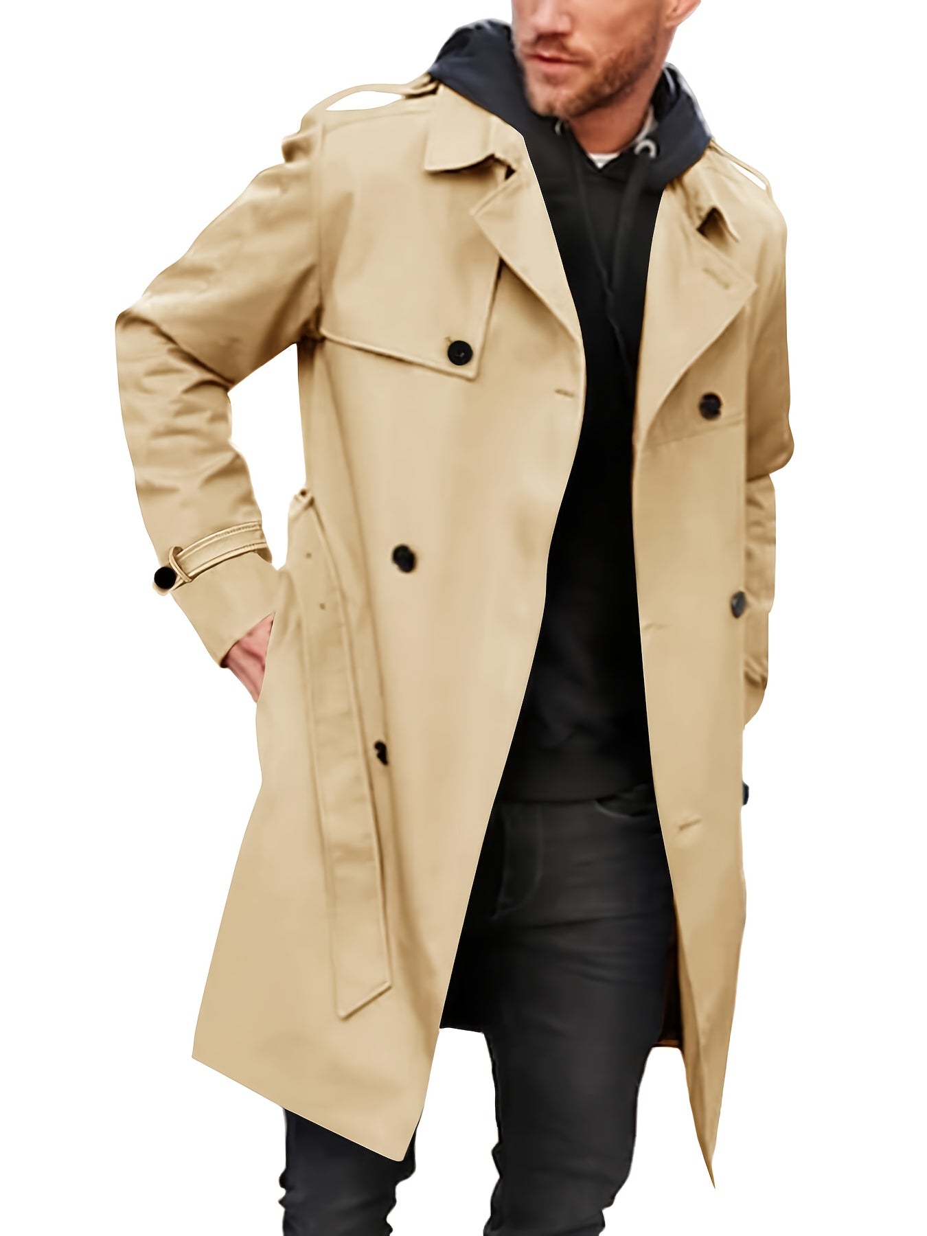 Mens Slim Fit Double Breasted Trench Coat Belted Waist