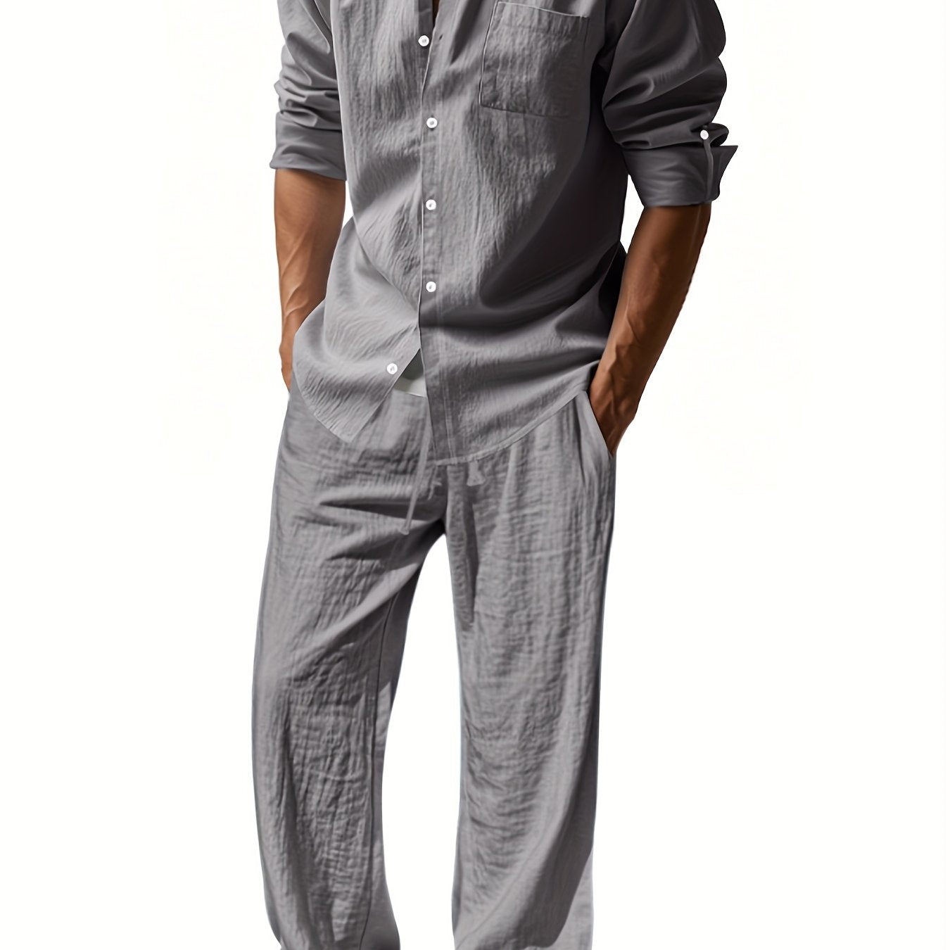 Mens Breathable Linen Suit Set Two Piece Office Wear