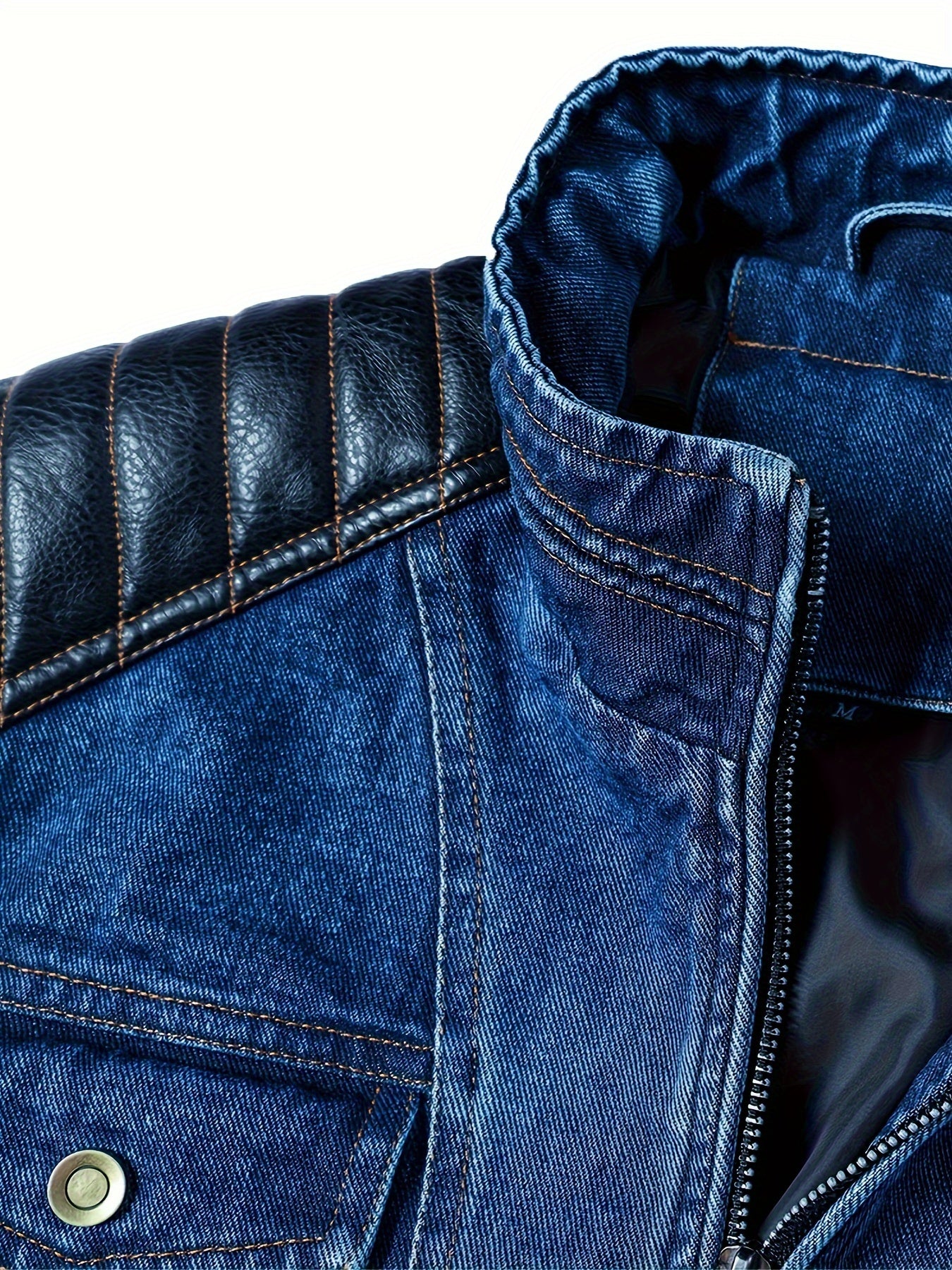 MSOPCCACollar Patchwork Denim Faux Leather Moto Jacket