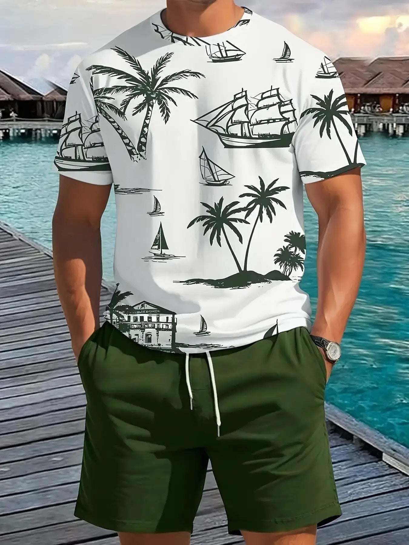 Mens Tropical Palm Nautical Print Tee And Shorts Set