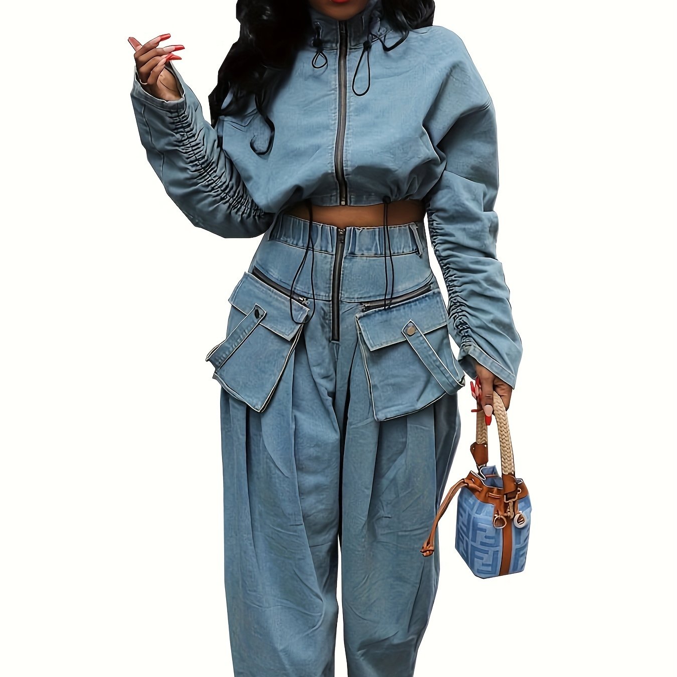 Women's Denim Set Jacket And Wide Leg Pants Polyester