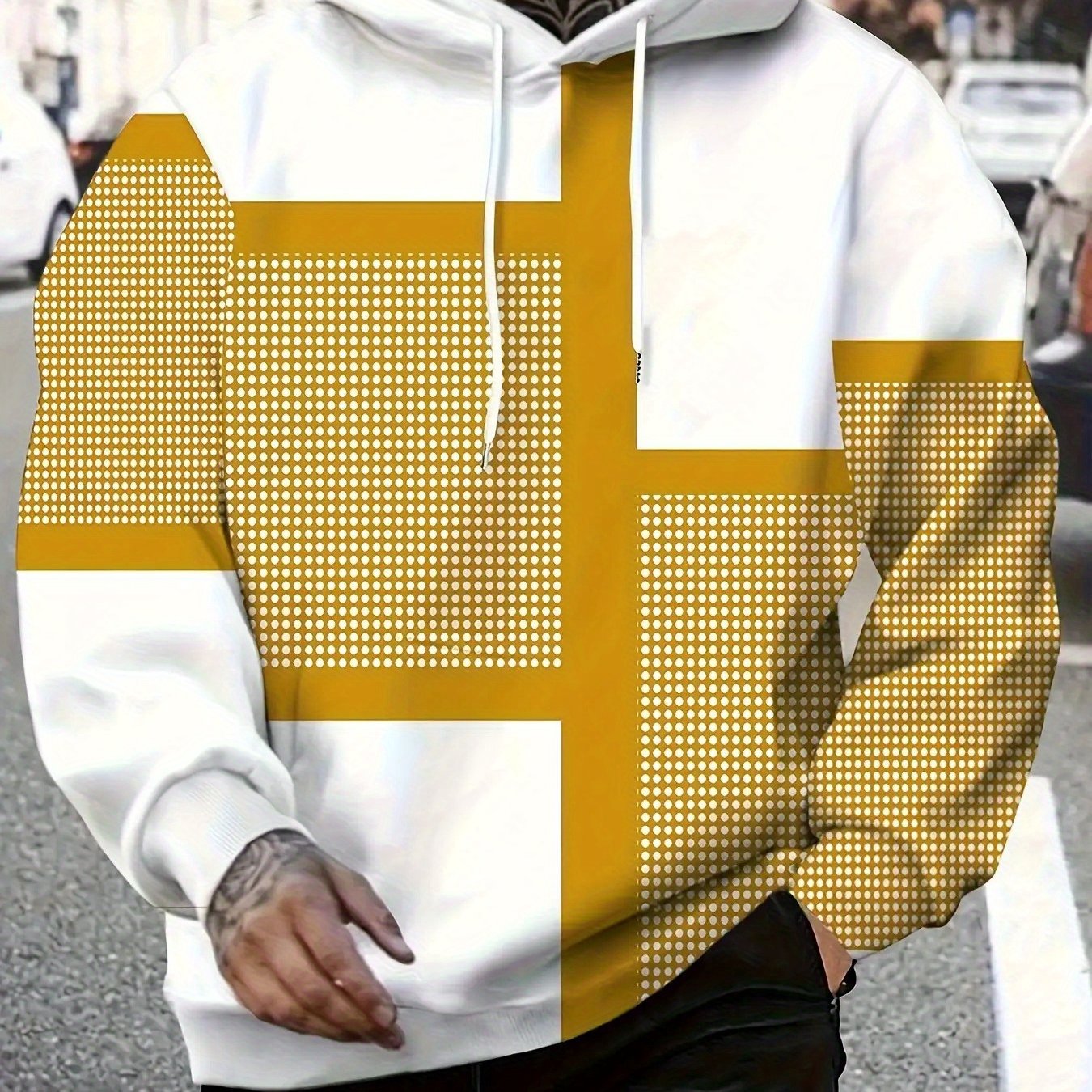 Mens Heavyweight Hoodie Geometric Pattern Sweatshirt