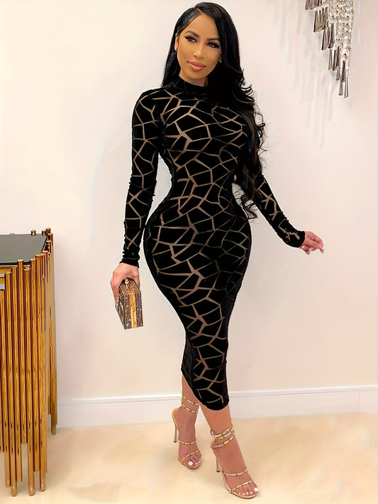 Elegant Long Sleeve Mesh Dress With Geometric Print