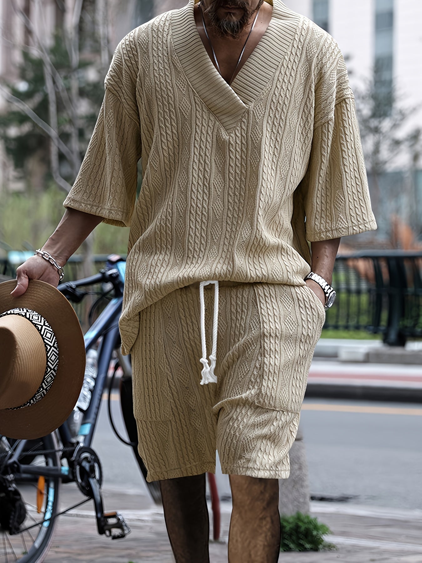 Mens Casual V Neck Knit Sweater And Shorts Set For Summer
