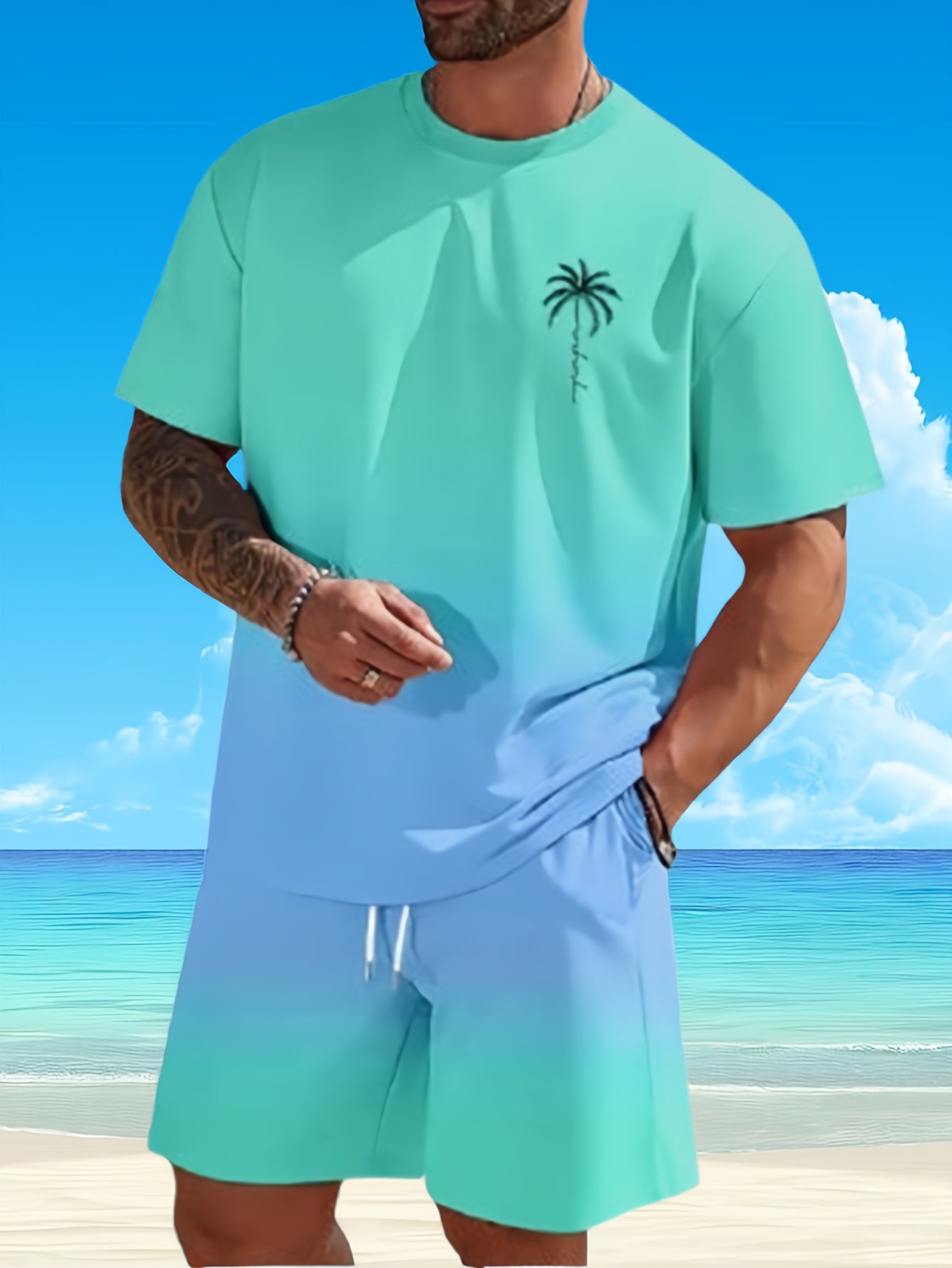 Men's Tropical Print Beachwear Quick Dry Trunks And Tees