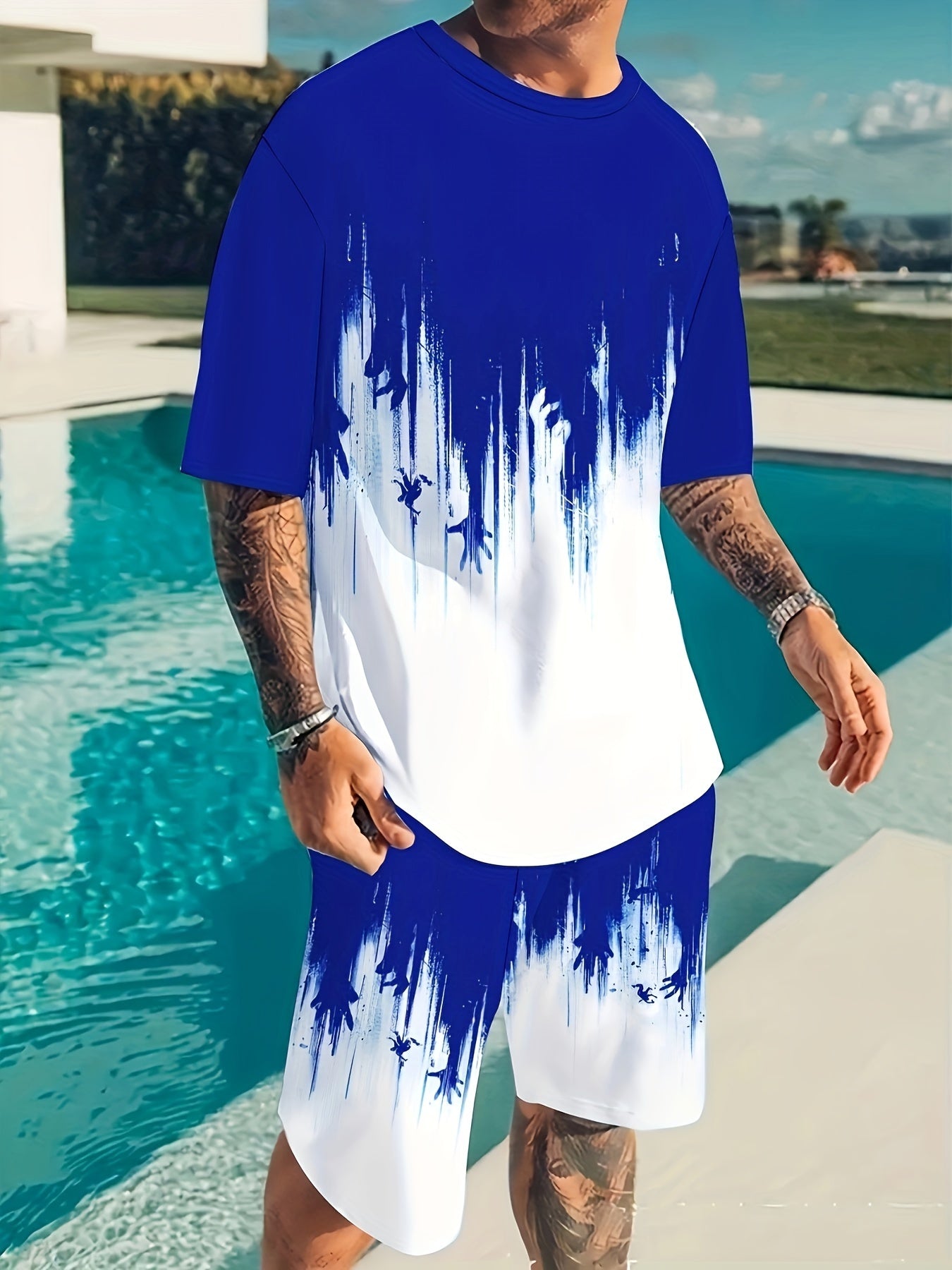 3D Pattern Print Men Two Piece Casual Tee And Shorts