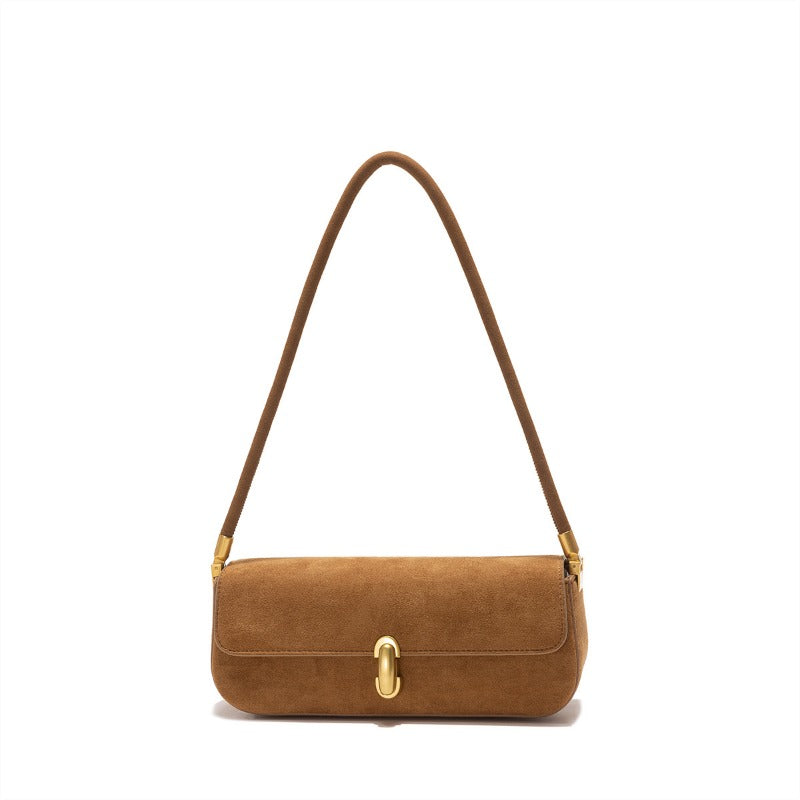 Suede Shoulder Bag Women Chic Baguette Design Lock Closure