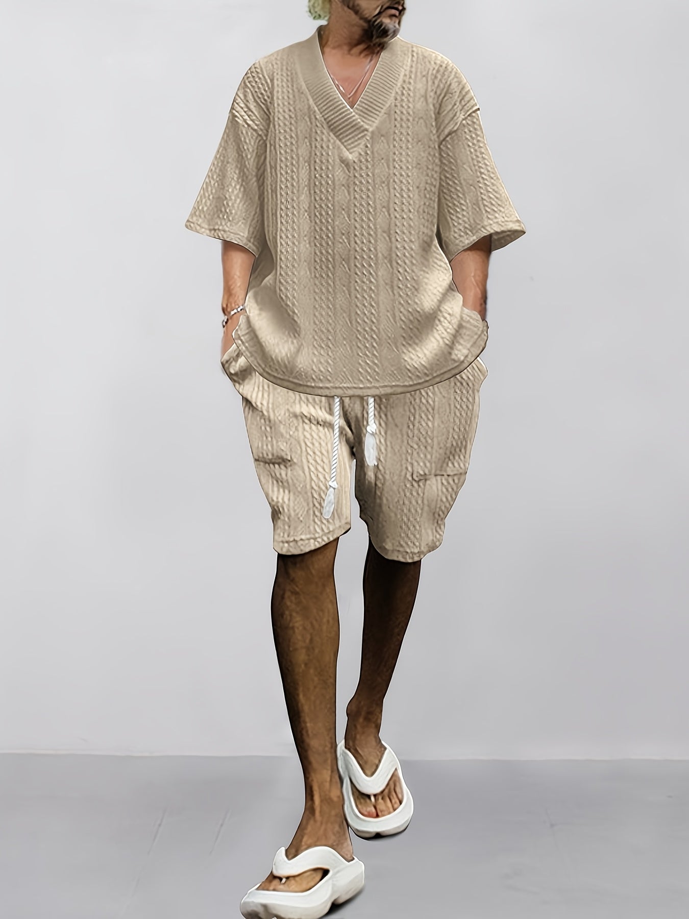 Mens Casual V Neck Knit Sweater And Shorts Set For Summer