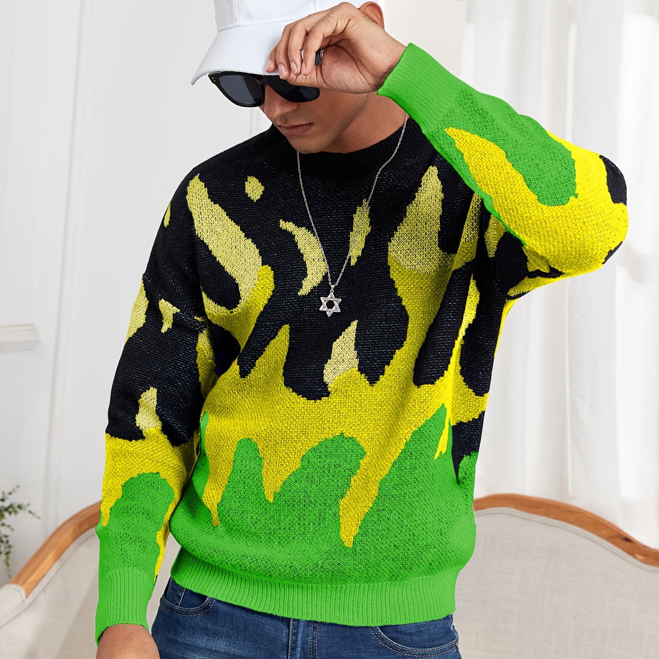 Oversized Crewneck Sweater Flame Graphic Knit For Men Women