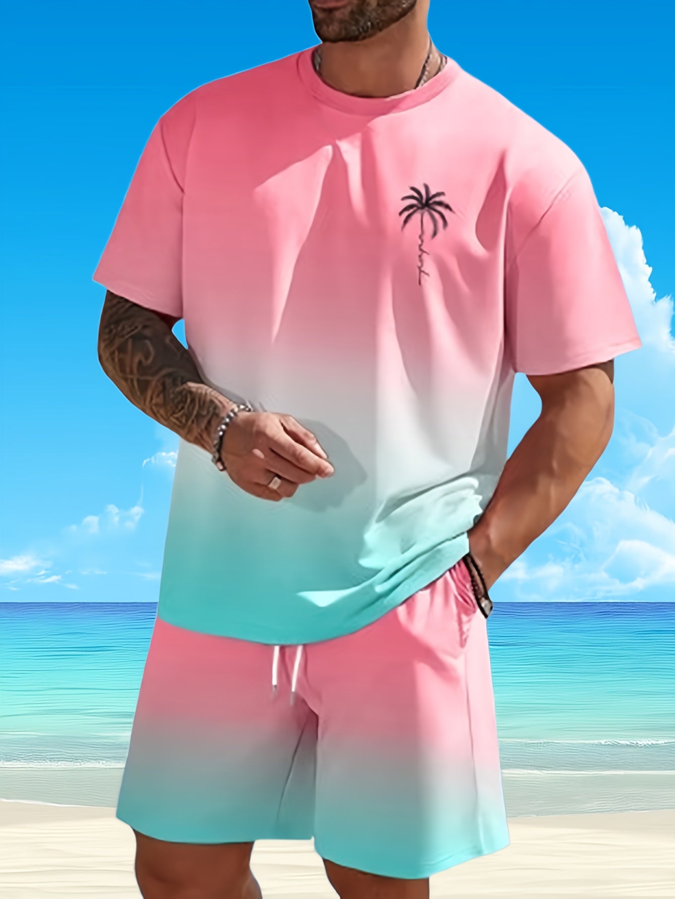 Men's Tropical Print Beachwear Quick Dry Trunks And Tees