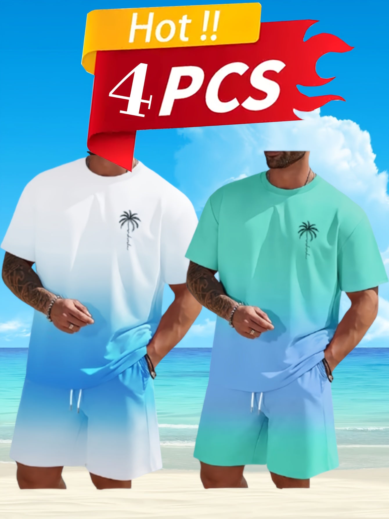 Men's Tropical Print Beachwear Quick Dry Trunks And Tees
