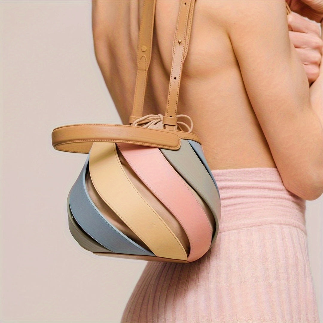Genuine Leather Rainbow Color-Block Bucket Bag by Unknown Brand